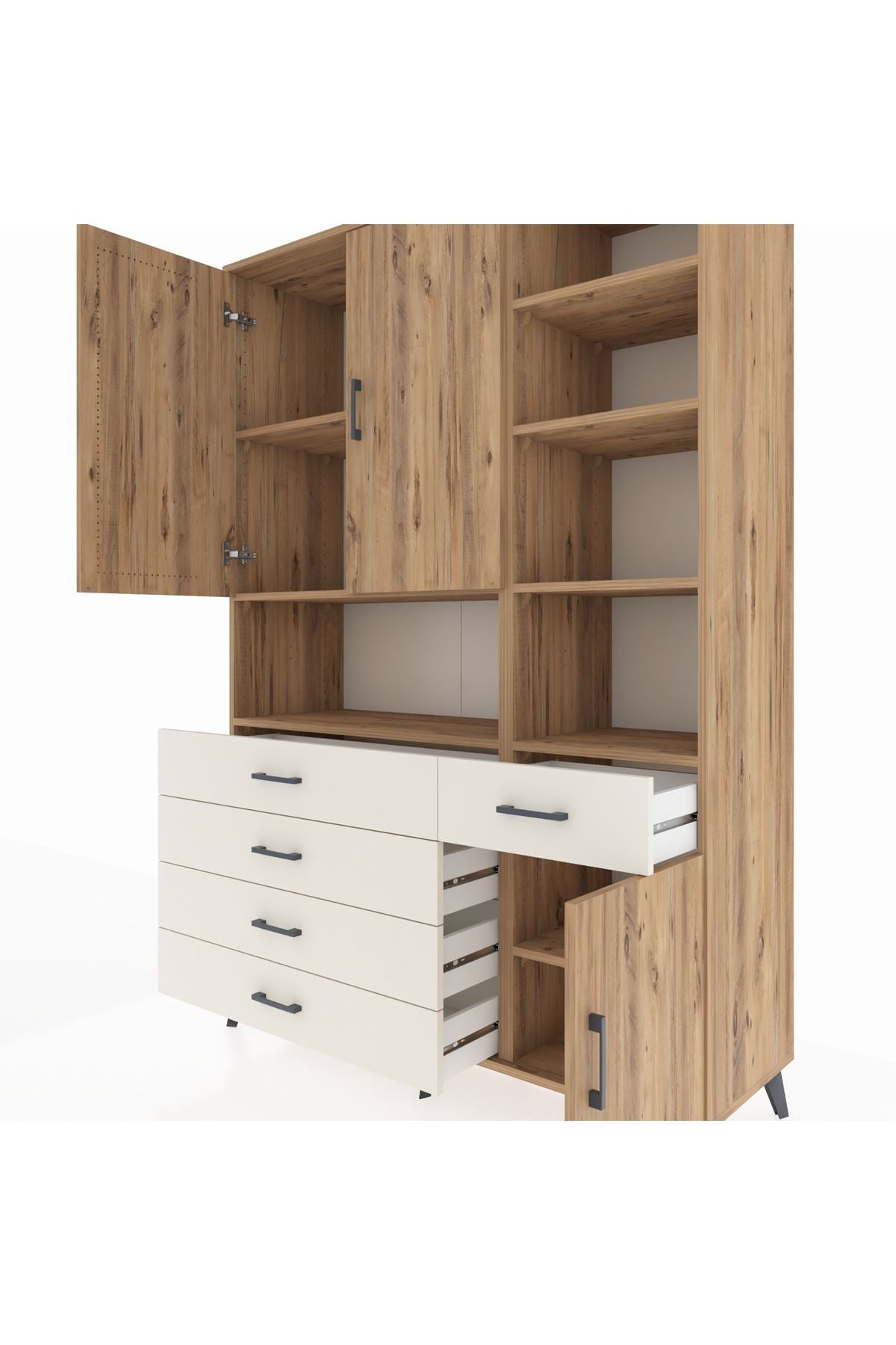 Hyperion Dolap 8 Raflı 5 Çekmeceli 3 Kapaklı 132x44x195 Çam-Çam/Aytaşı
