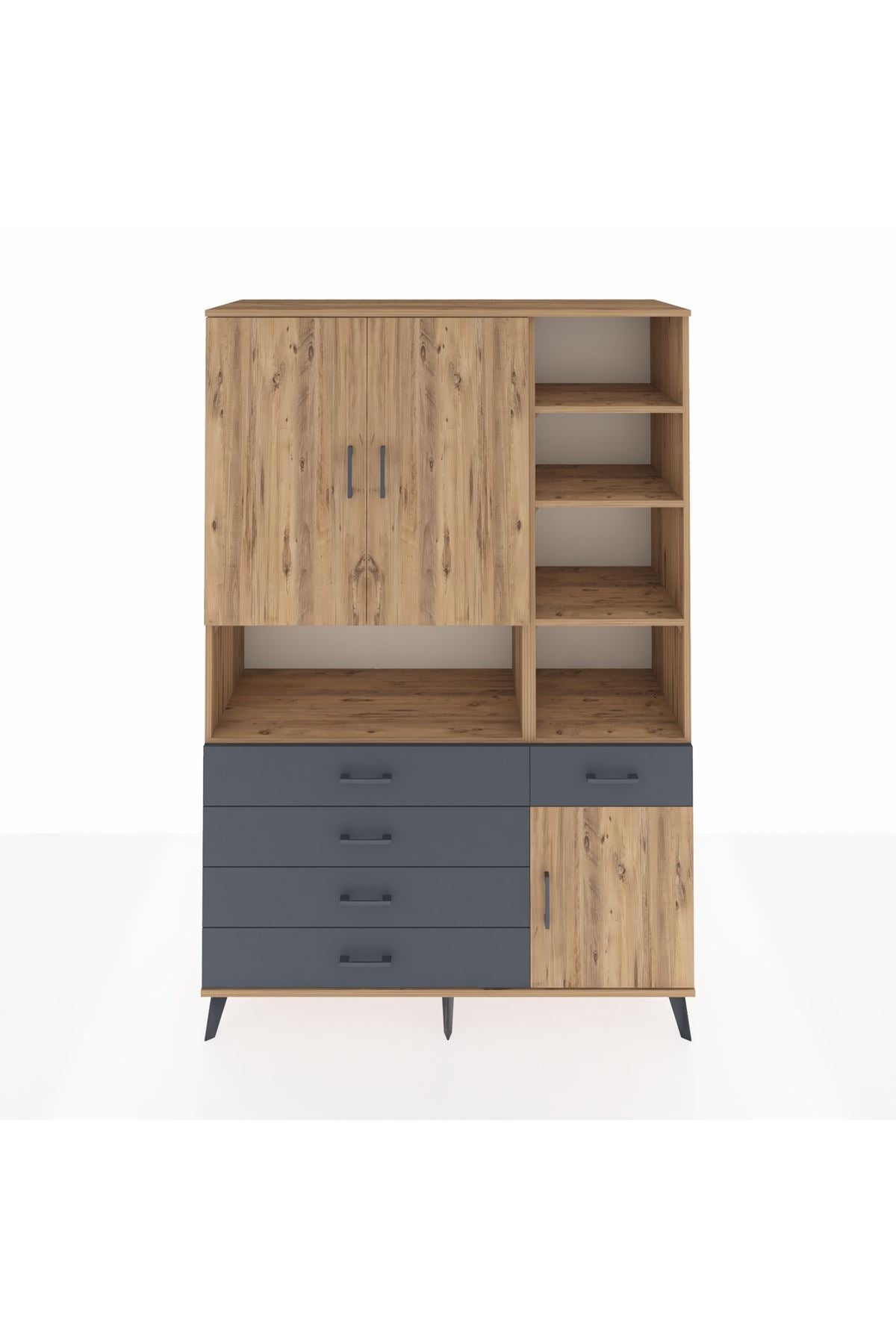 Hyperion Dolap 8 Raflı 5 Çekmeceli 3 Kapaklı 132x44x195 Çam-Çam/Antrasit