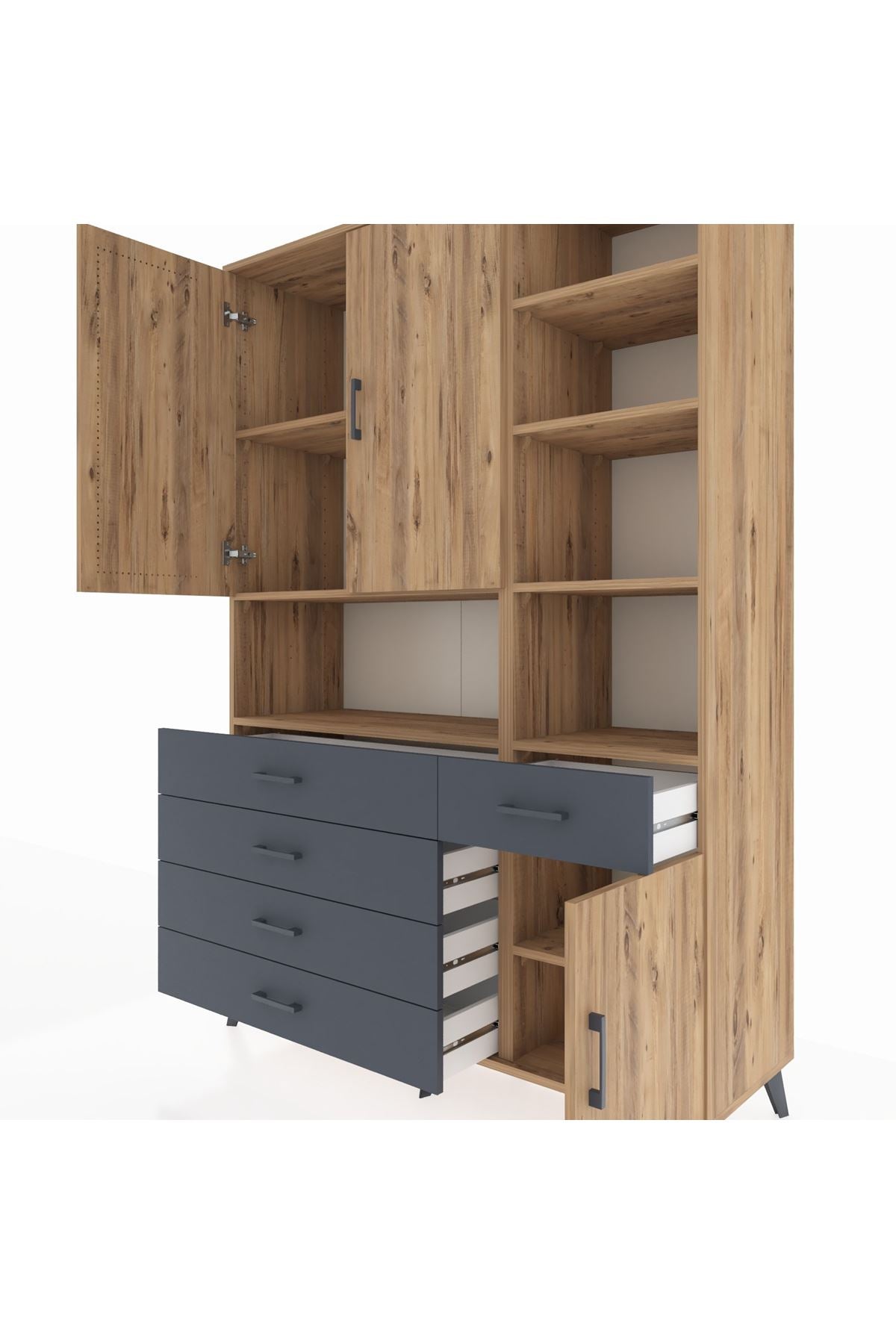 Hyperion Dolap 8 Raflı 5 Çekmeceli 3 Kapaklı 132x44x195 Çam-Çam/Antrasit
