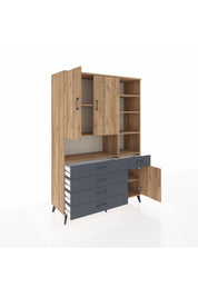 Hyperion Dolap 8 Raflı 5 Çekmeceli 3 Kapaklı 132x44x195 Çam-Çam/Antrasit