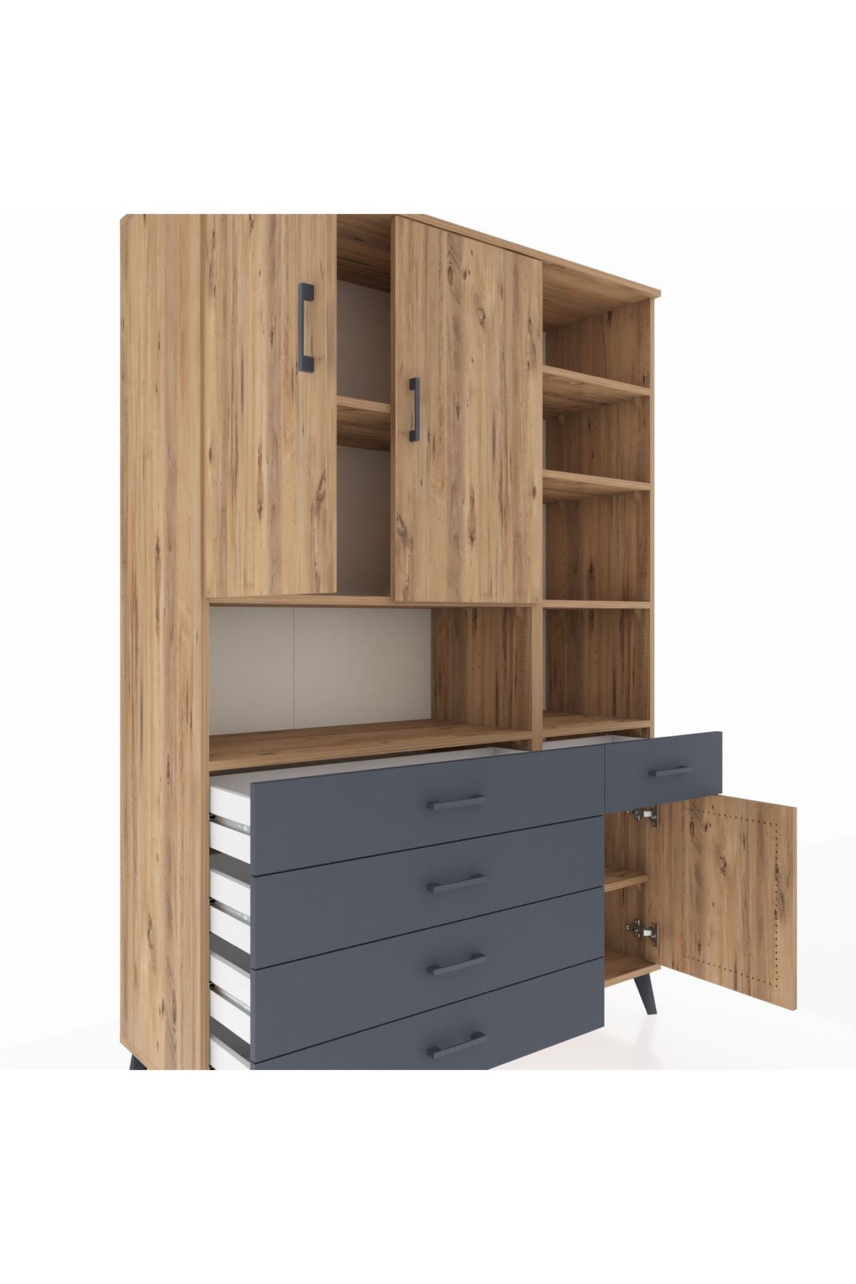 Hyperion Dolap 8 Raflı 5 Çekmeceli 3 Kapaklı 132x44x195 Çam-Çam/Antrasit