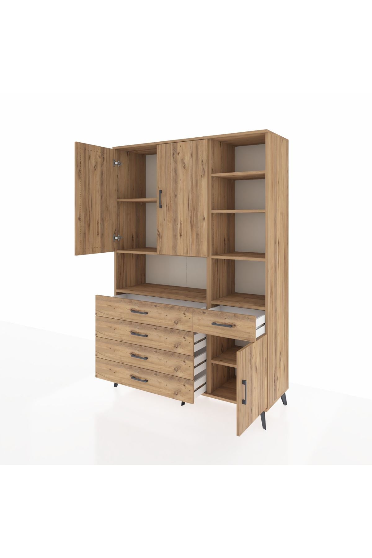 Hyperion Dolap 8 Raflı 5 Çekmeceli 3 Kapaklı 132x44x195 Çam-Çam/Çam