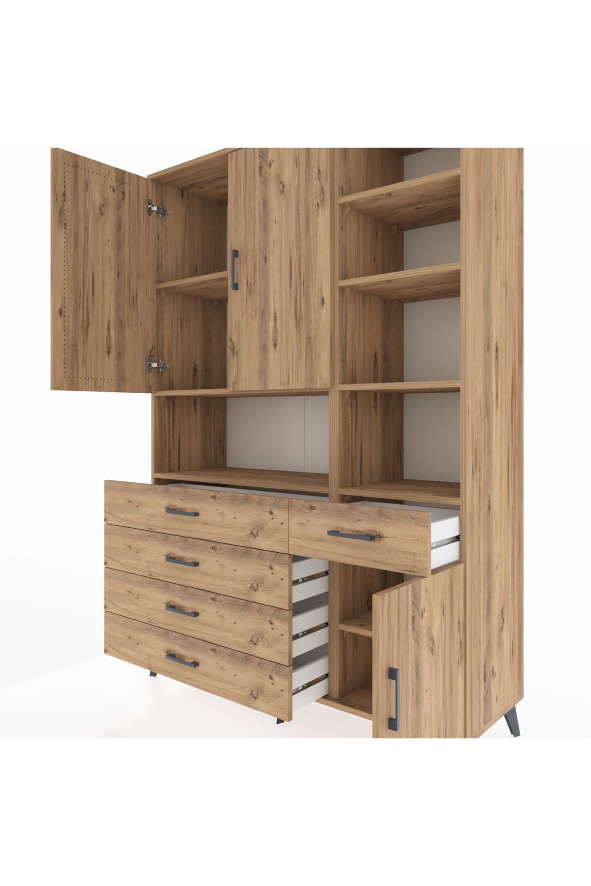 Hyperion Dolap 8 Raflı 5 Çekmeceli 3 Kapaklı 132x44x195 Çam-Çam/Çam