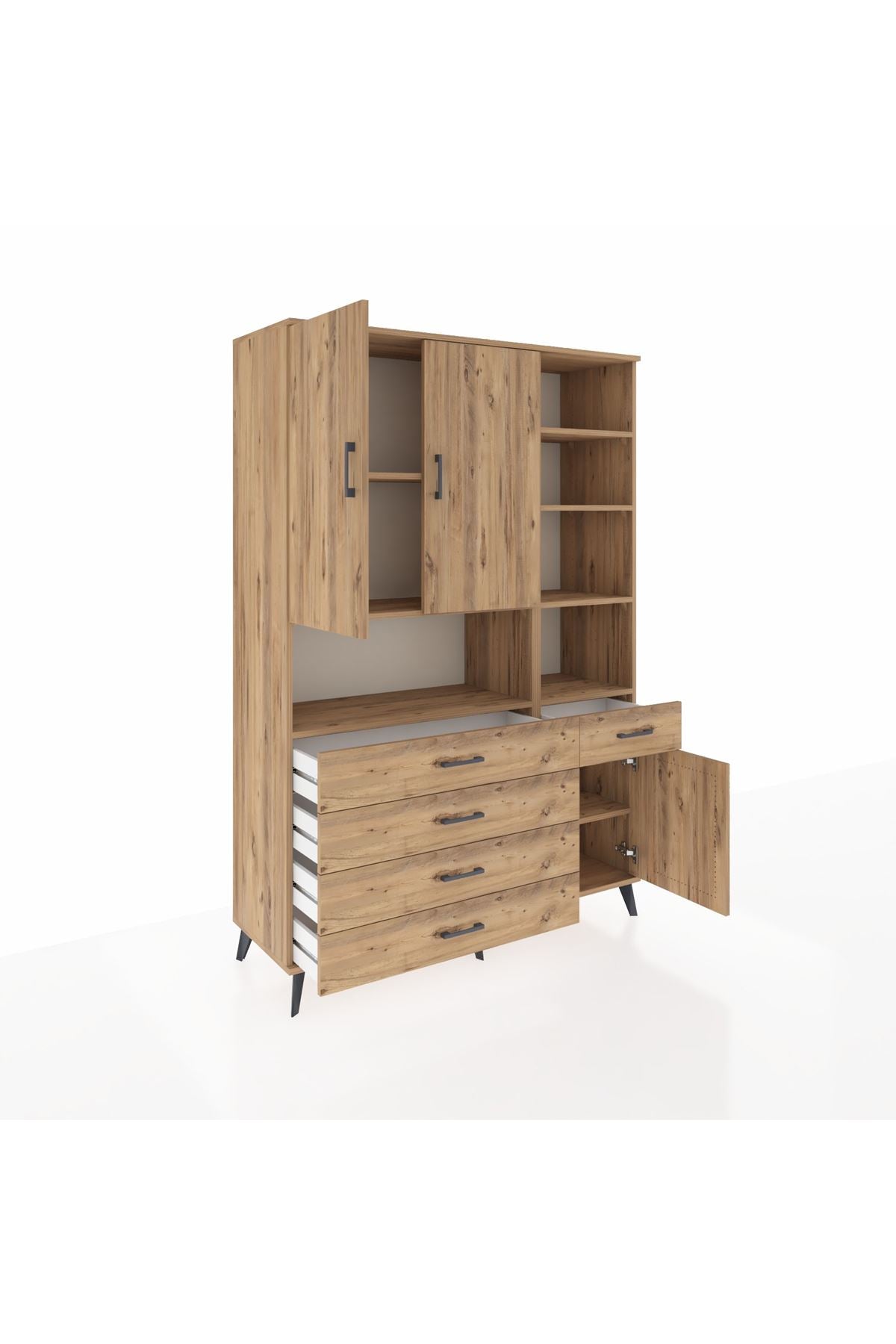 Hyperion Dolap 8 Raflı 5 Çekmeceli 3 Kapaklı 132x44x195 Çam-Çam/Çam