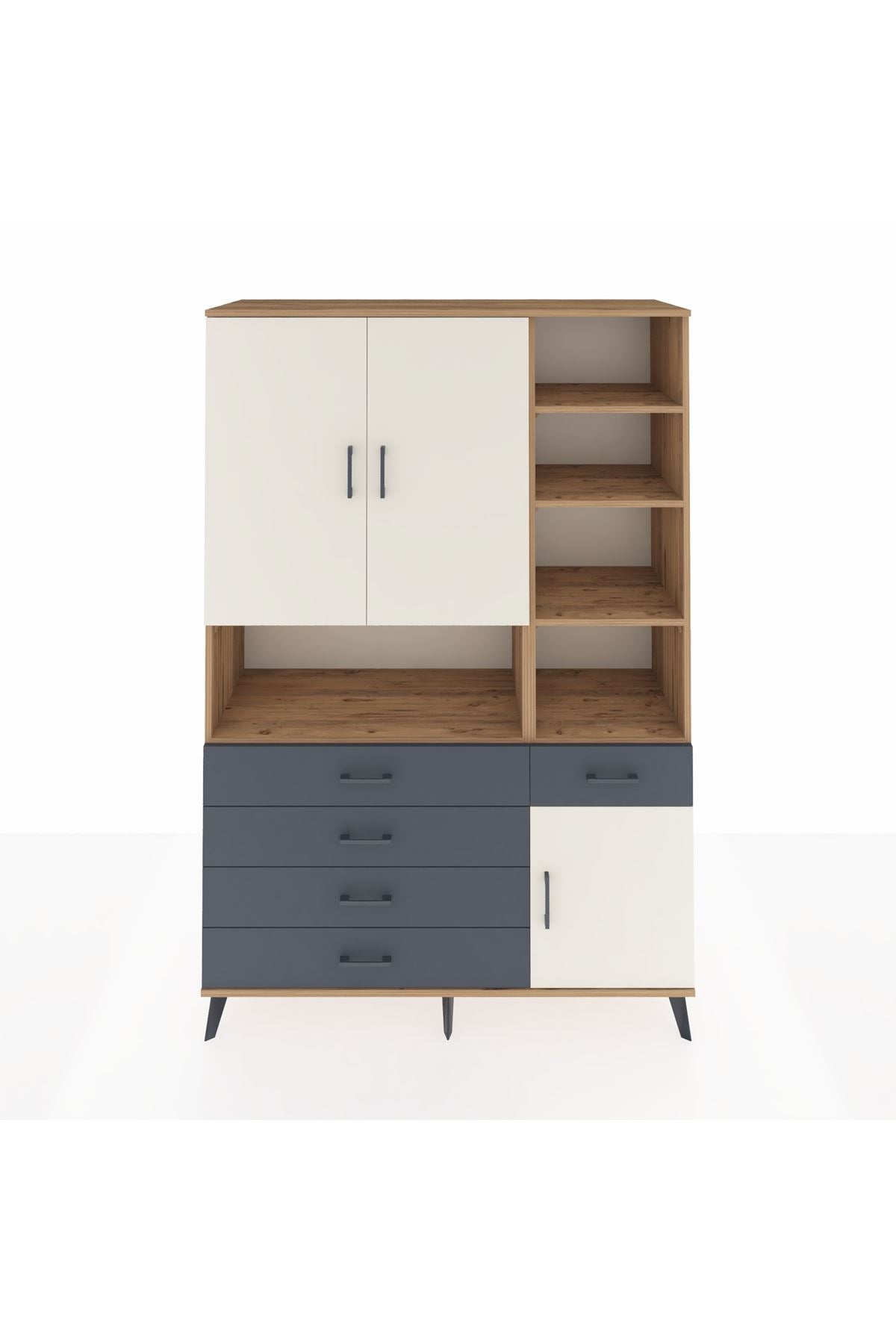 Hyperion Dolap 8 Raflı 5 Çekmeceli 3 Kapaklı 132x44x195 Çam-Aytaşı/Antrasit