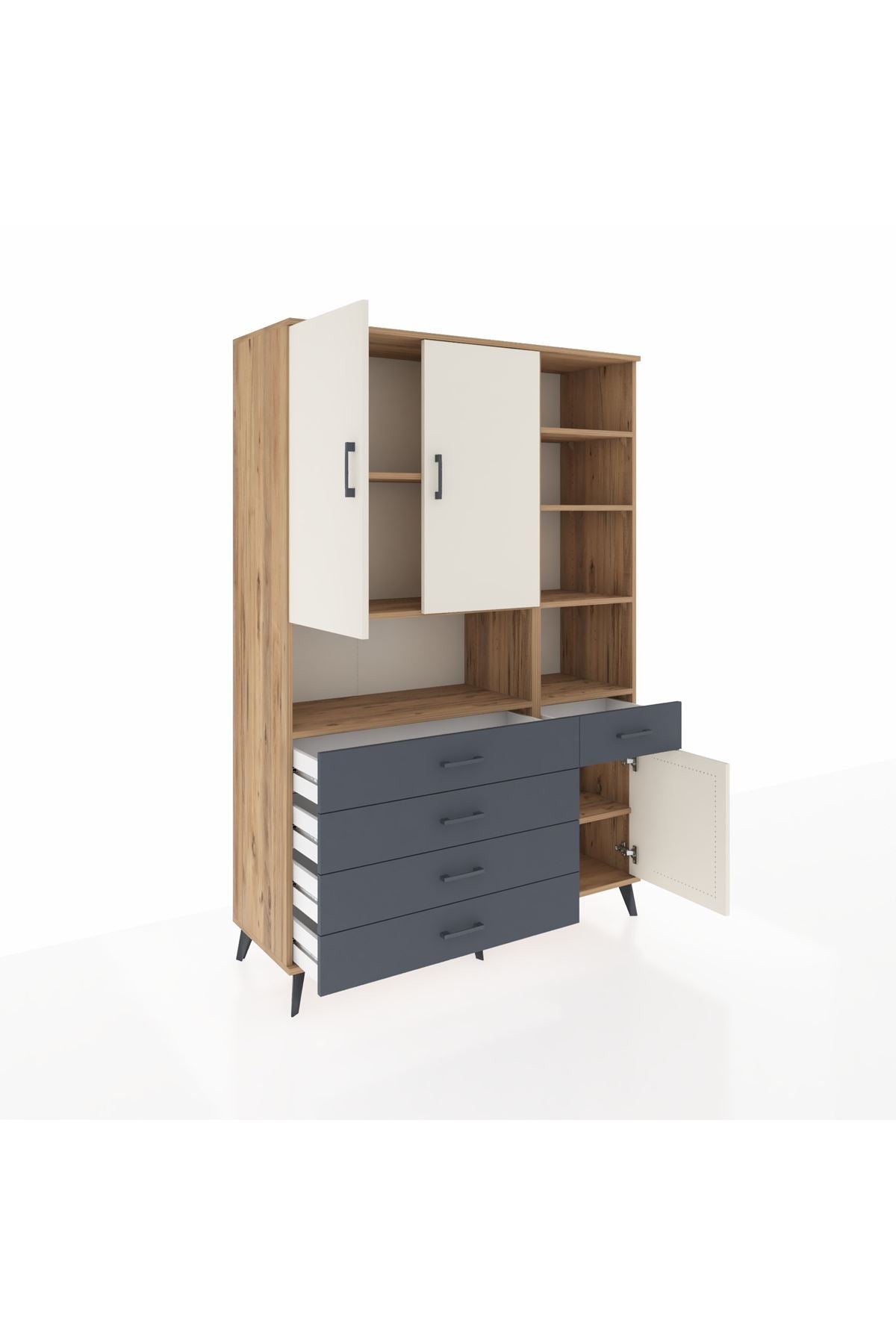 Hyperion Dolap 8 Raflı 5 Çekmeceli 3 Kapaklı 132x44x195 Çam-Aytaşı/Antrasit