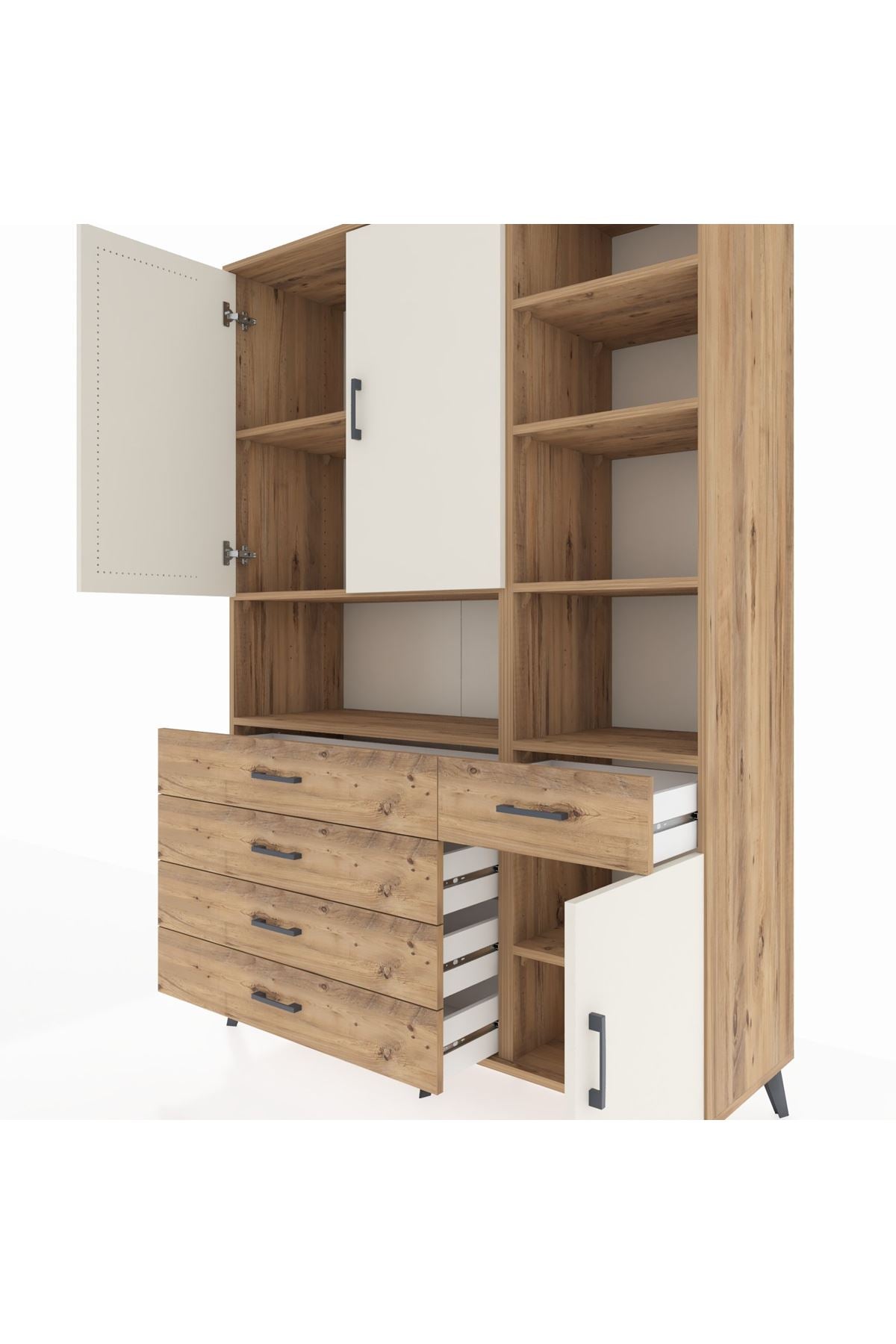 Hyperion Dolap 8 Raflı 5 Çekmeceli 3 Kapaklı 132x44x195 Çam-Aytaşı/Çam