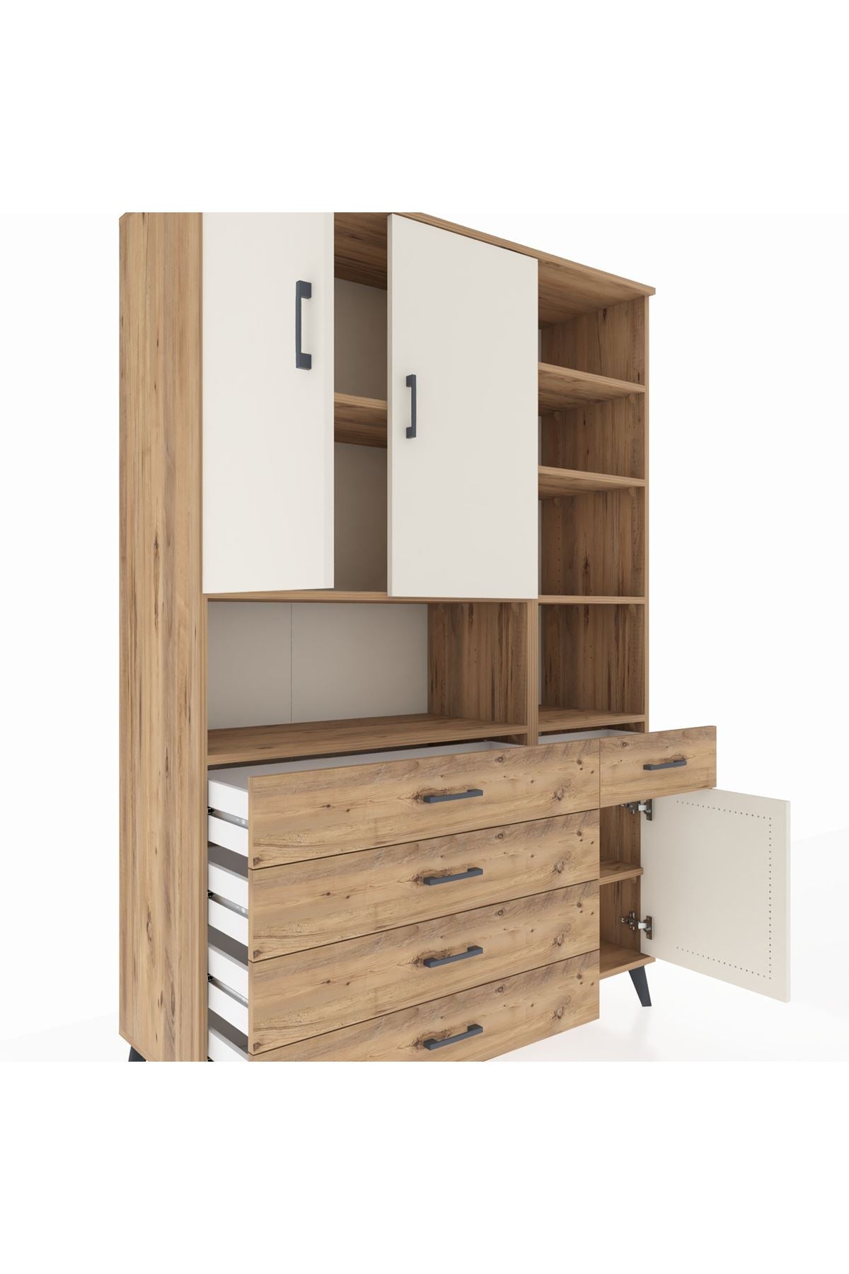 Hyperion Dolap 8 Raflı 5 Çekmeceli 3 Kapaklı 132x44x195 Çam-Aytaşı/Çam