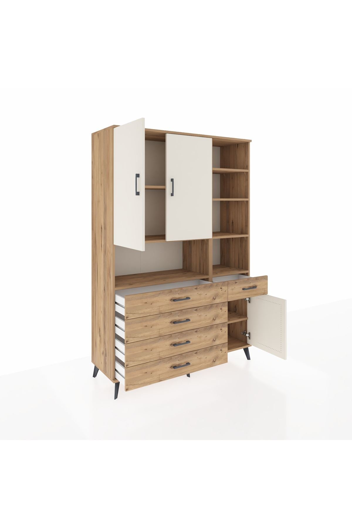 Hyperion Dolap 8 Raflı 5 Çekmeceli 3 Kapaklı 132x44x195 Çam-Aytaşı/Çam