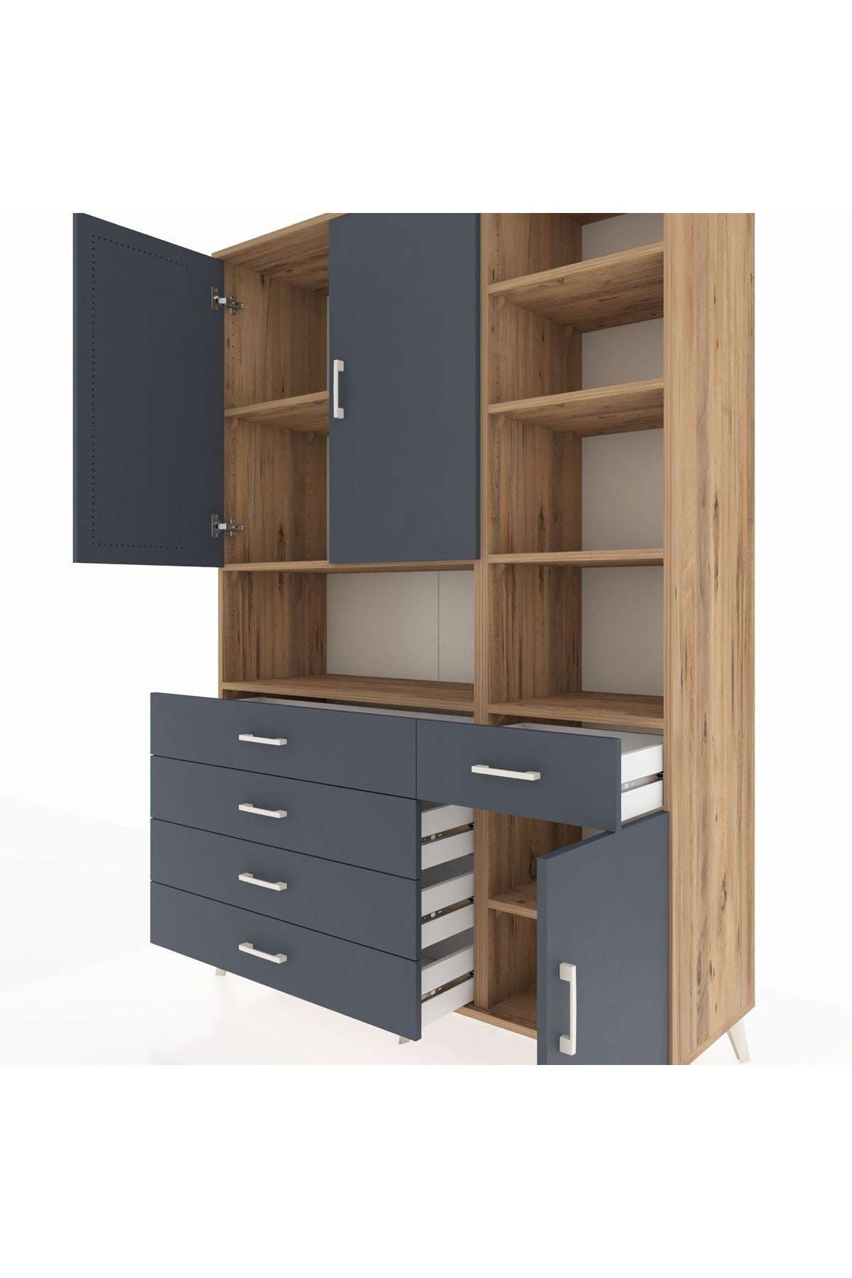 Hyperion Dolap 8 Raflı 5 Çekmeceli 3 Kapaklı 132x44x195 Çam-Antrasit/Antrasit