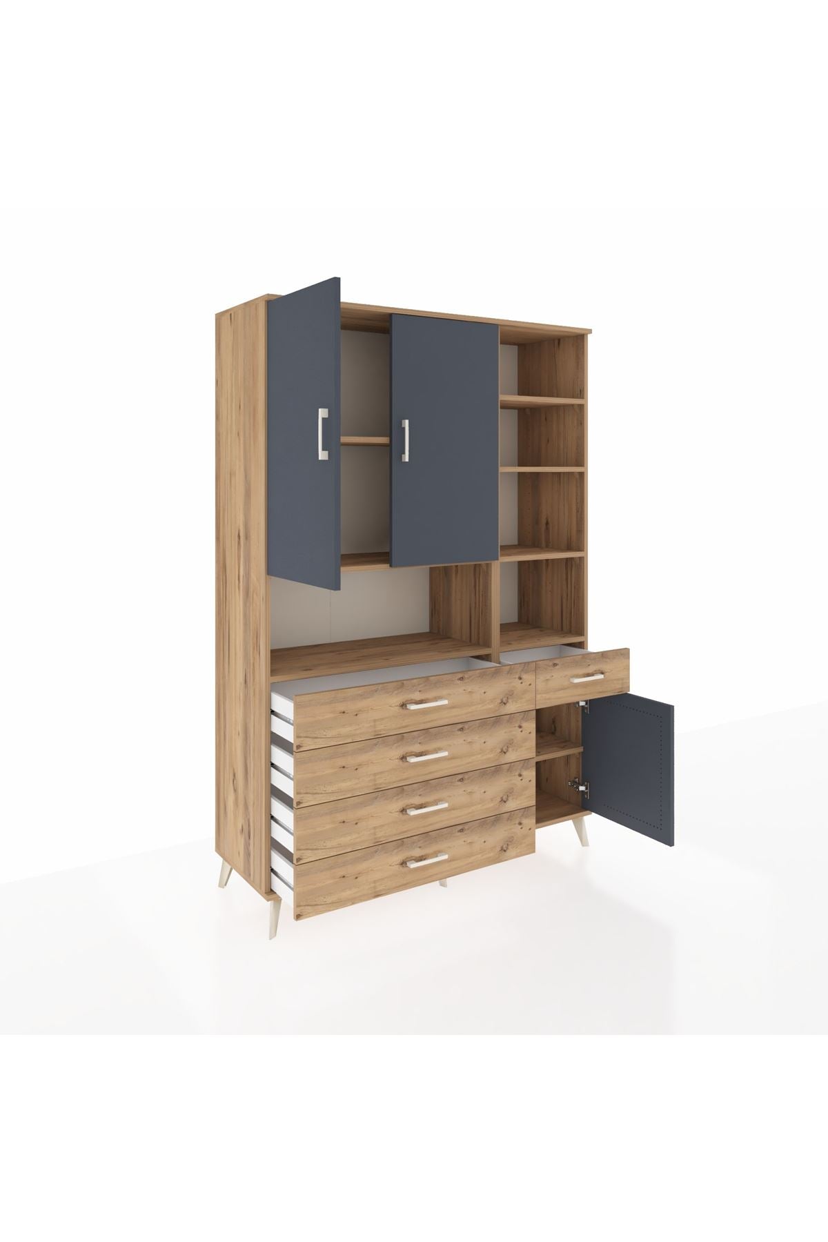 Hyperion Dolap 8 Raflı 5 Çekmeceli 3 Kapaklı 132x44x195 Çam-Antrasit/Çam