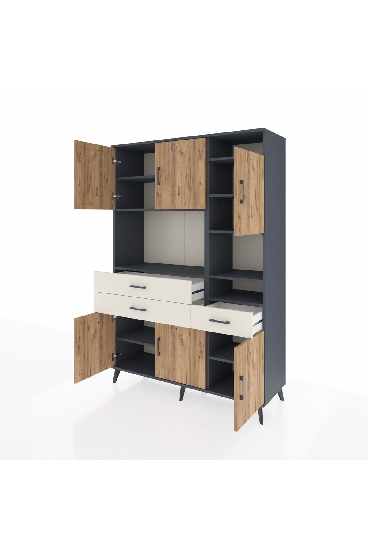 Hyperion Dolap 10 Raflı 3 Çekmeceli 6 Kapaklı 132x44x195 Antrasit-Çam/Aytaşı