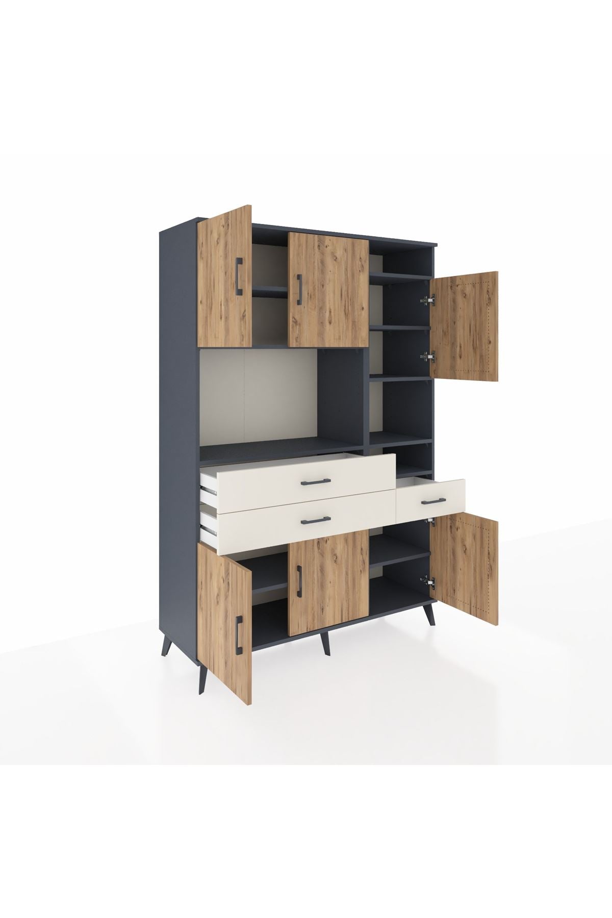 Hyperion Dolap 10 Raflı 3 Çekmeceli 6 Kapaklı 132x44x195 Antrasit-Çam/Aytaşı