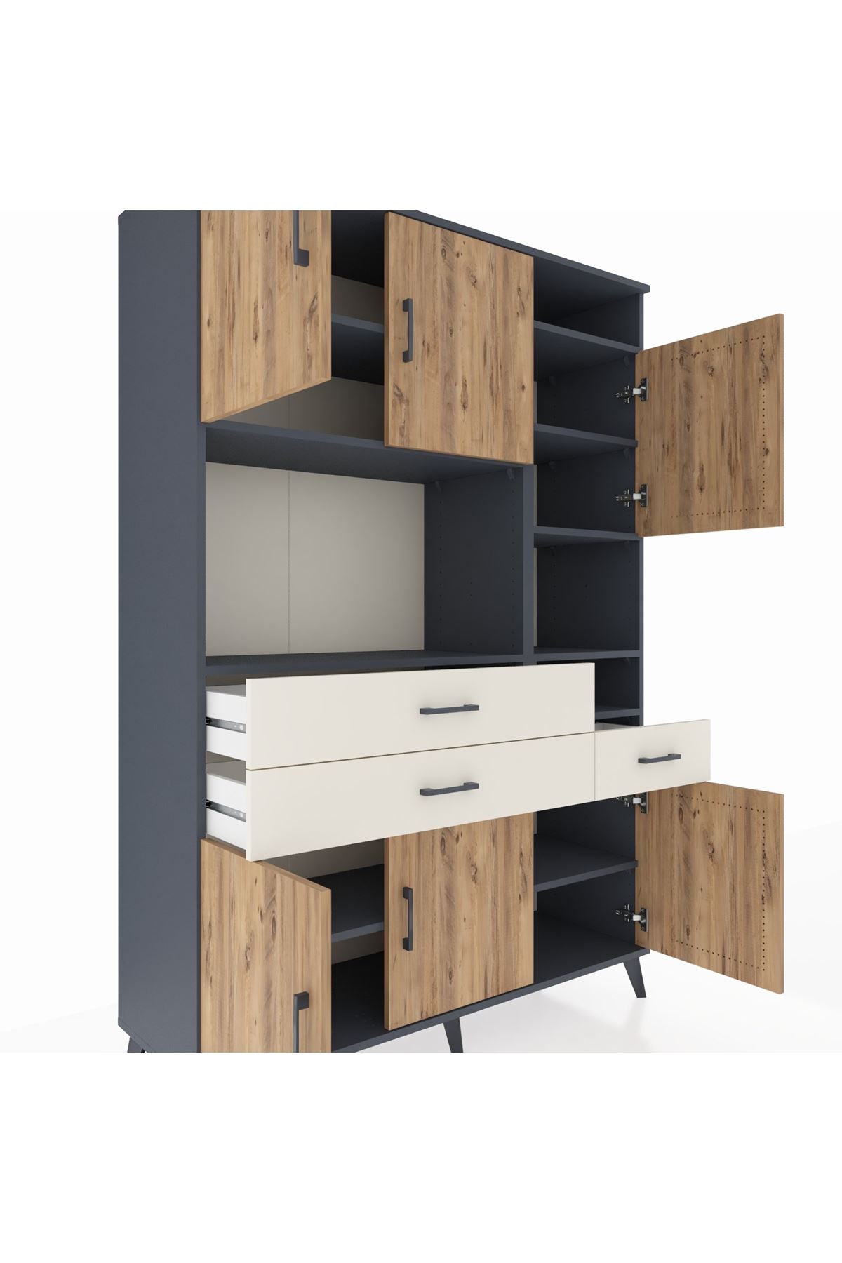 Hyperion Dolap 10 Raflı 3 Çekmeceli 6 Kapaklı 132x44x195 Antrasit-Çam/Aytaşı