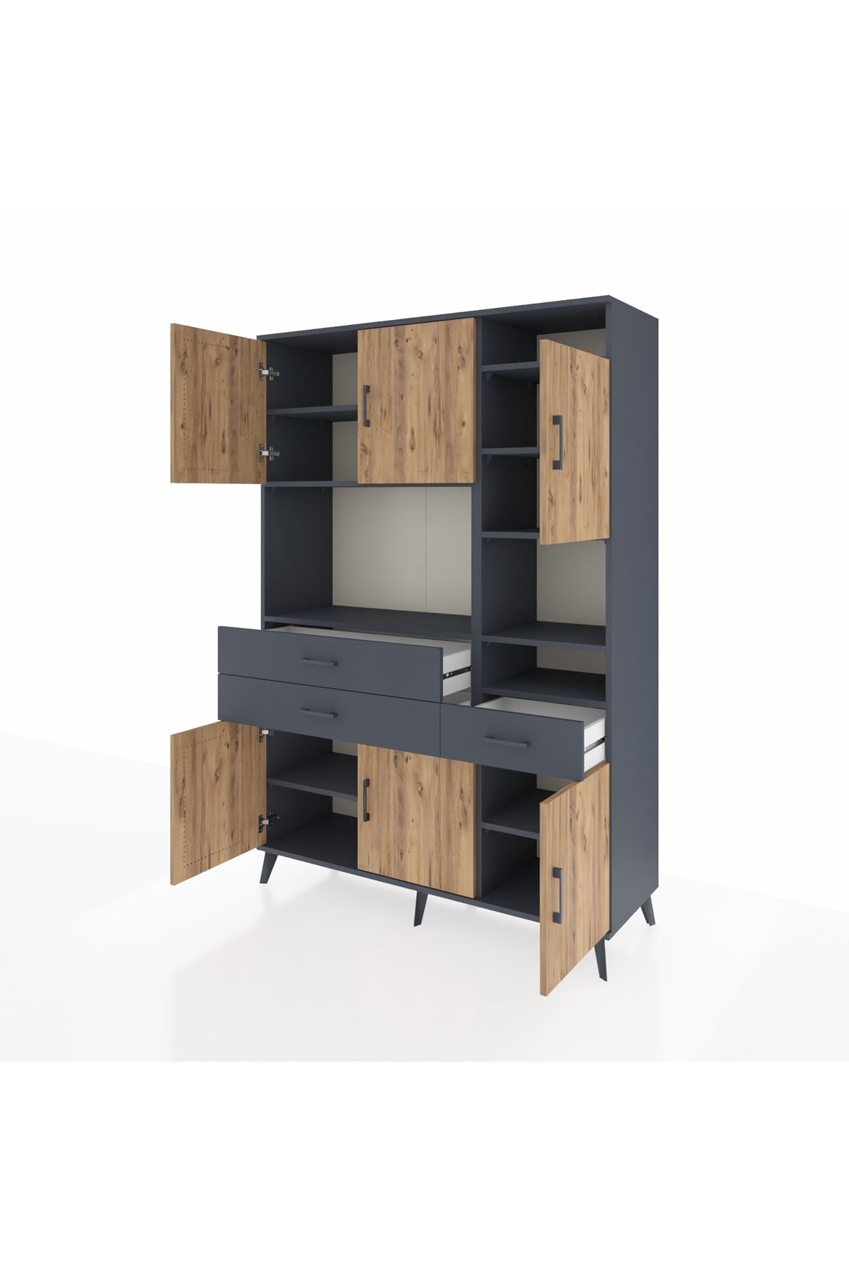 Hyperion Dolap 10 Raflı 3 Çekmeceli 6 Kapaklı 132x44x195 Antrasit-Çam/Antrasit