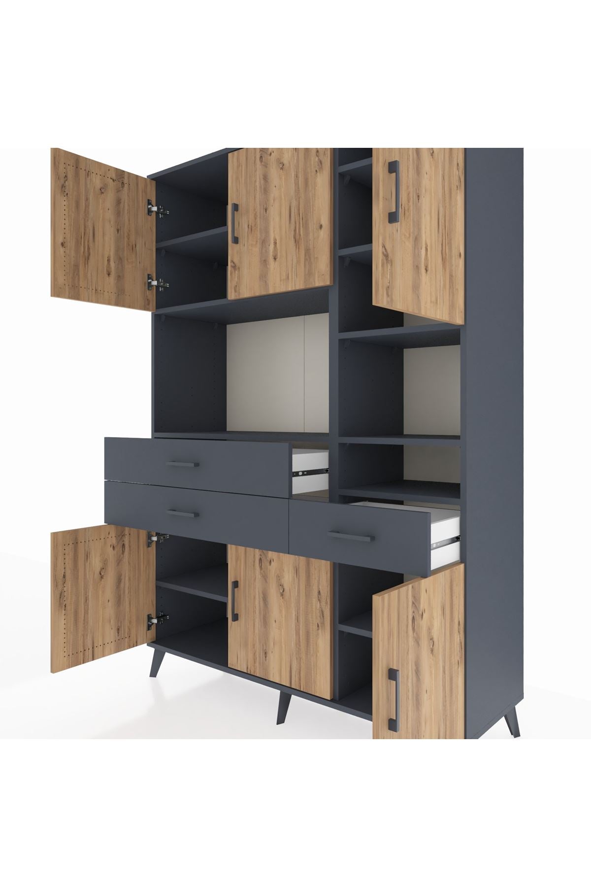 Hyperion Dolap 10 Raflı 3 Çekmeceli 6 Kapaklı 132x44x195 Antrasit-Çam/Antrasit