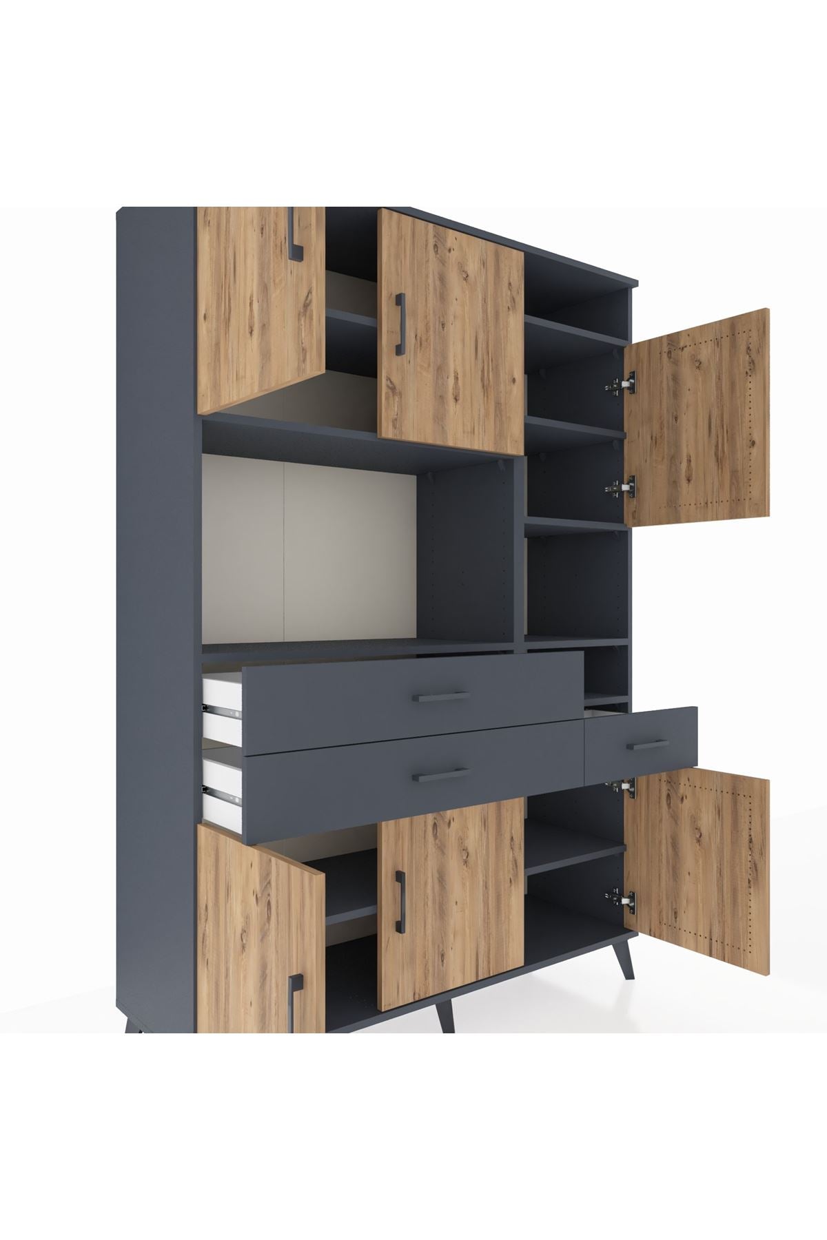 Hyperion Dolap 10 Raflı 3 Çekmeceli 6 Kapaklı 132x44x195 Antrasit-Çam/Antrasit