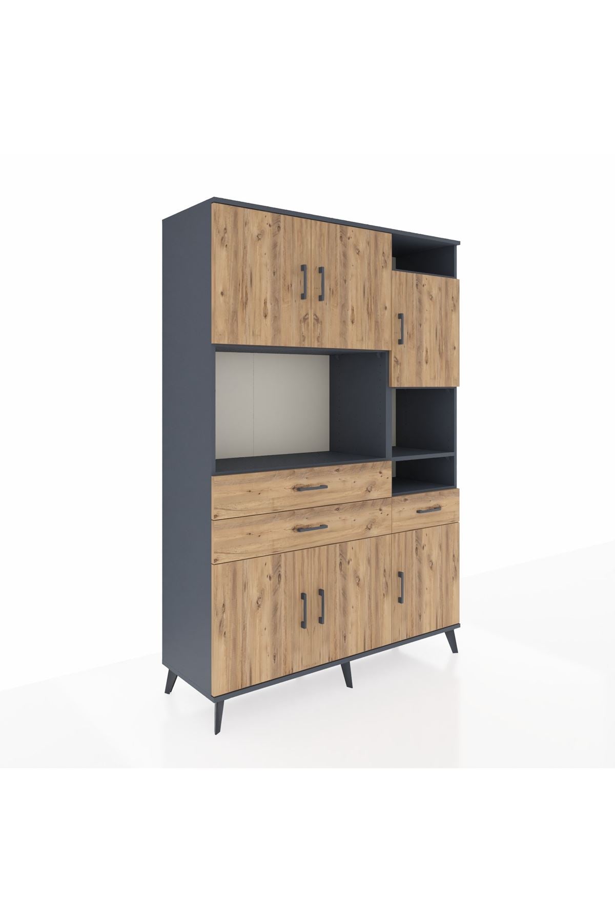 Hyperion Dolap 10 Raflı 3 Çekmeceli 6 Kapaklı 132x44x195 Antrasit-Çam/Çam