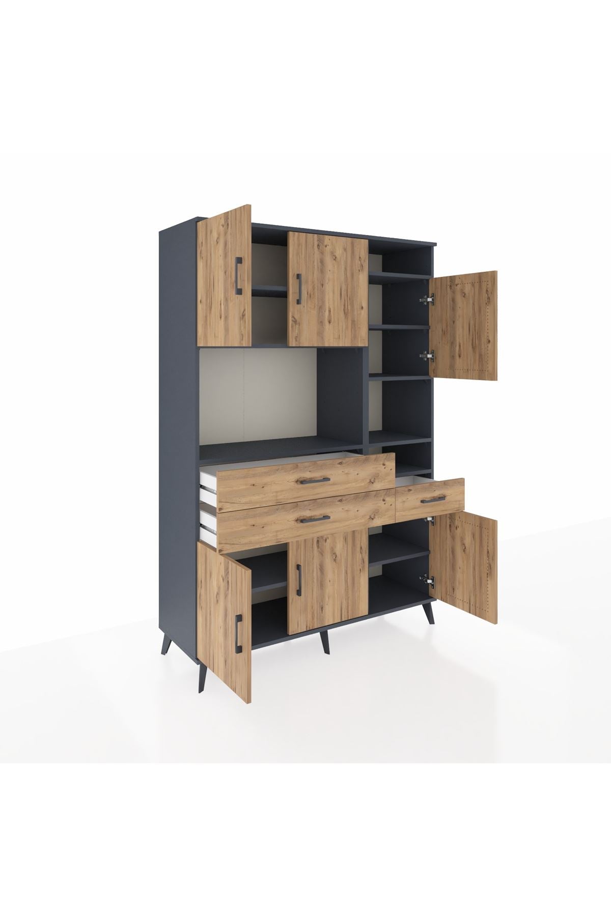 Hyperion Dolap 10 Raflı 3 Çekmeceli 6 Kapaklı 132x44x195 Antrasit-Çam/Çam