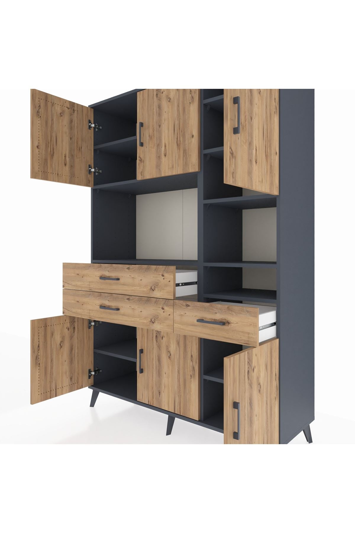 Hyperion Dolap 10 Raflı 3 Çekmeceli 6 Kapaklı 132x44x195 Antrasit-Çam/Çam