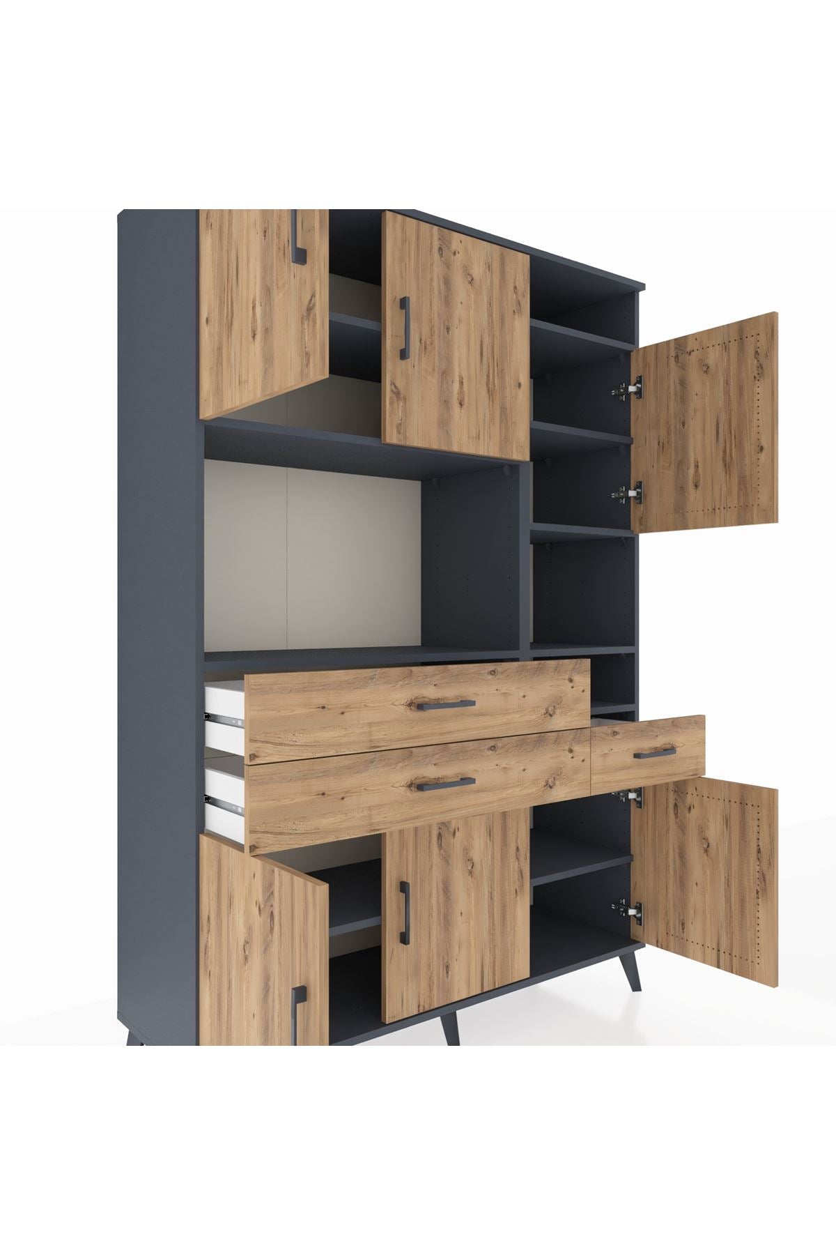 Hyperion Dolap 10 Raflı 3 Çekmeceli 6 Kapaklı 132x44x195 Antrasit-Çam/Çam