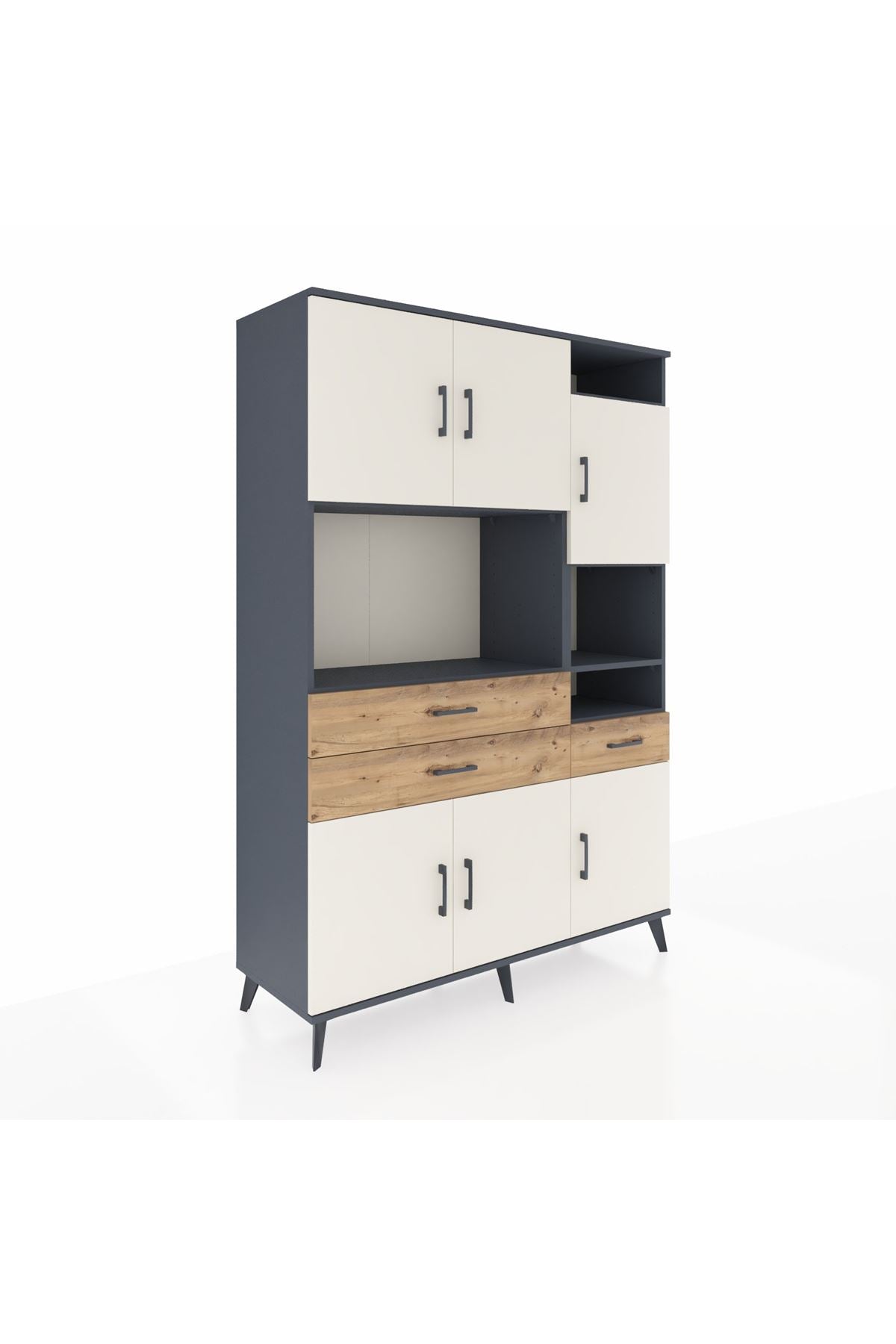 Hyperion Dolap 10 Raflı 3 Çekmeceli 6 Kapaklı 132x44x195 Antrasit-Aytaşı/Çam