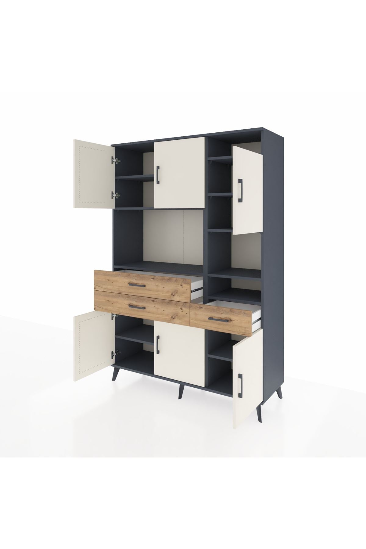 Hyperion Dolap 10 Raflı 3 Çekmeceli 6 Kapaklı 132x44x195 Antrasit-Aytaşı/Çam