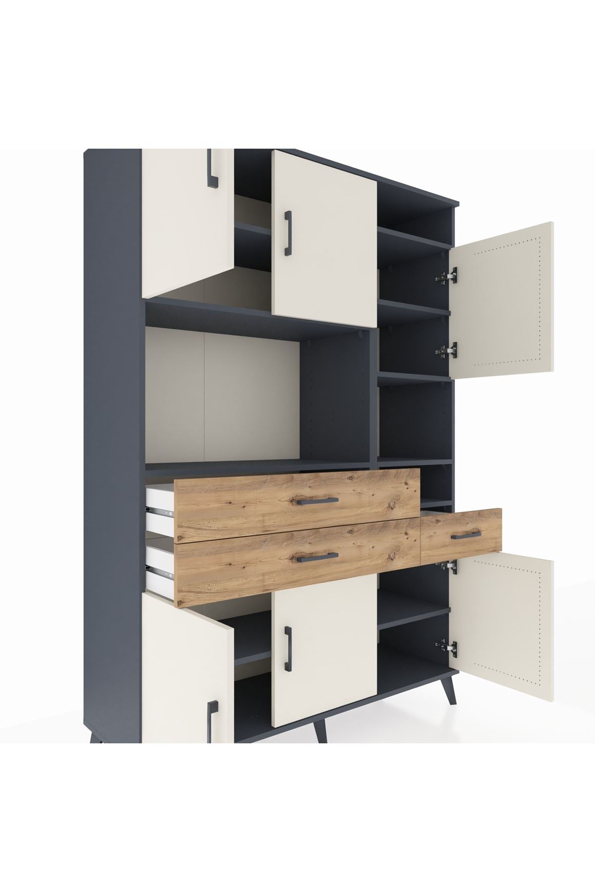 Hyperion Dolap 10 Raflı 3 Çekmeceli 6 Kapaklı 132x44x195 Antrasit-Aytaşı/Çam