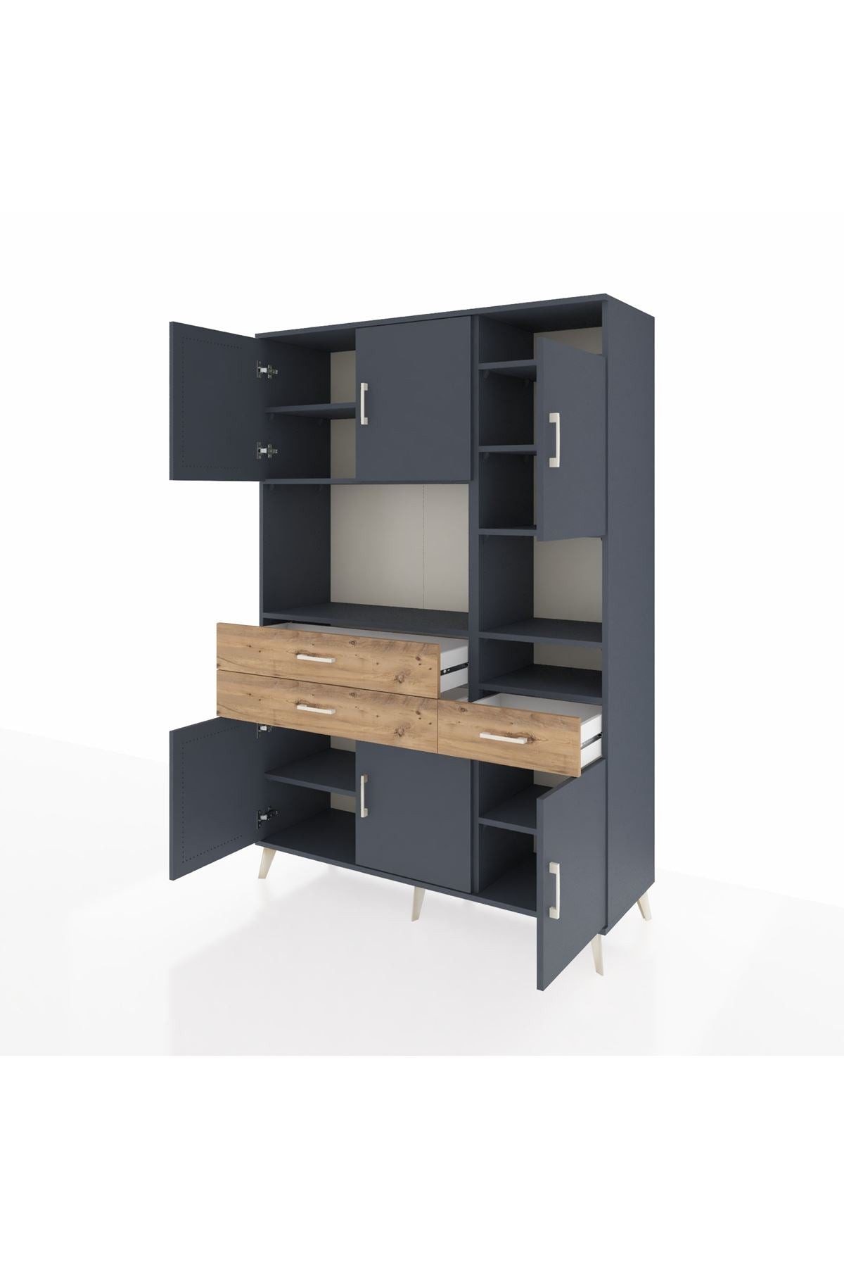 Hyperion Dolap 10 Raflı 3 Çekmeceli 6 Kapaklı 132x44x195 Antrasit-Antrasit/Çam