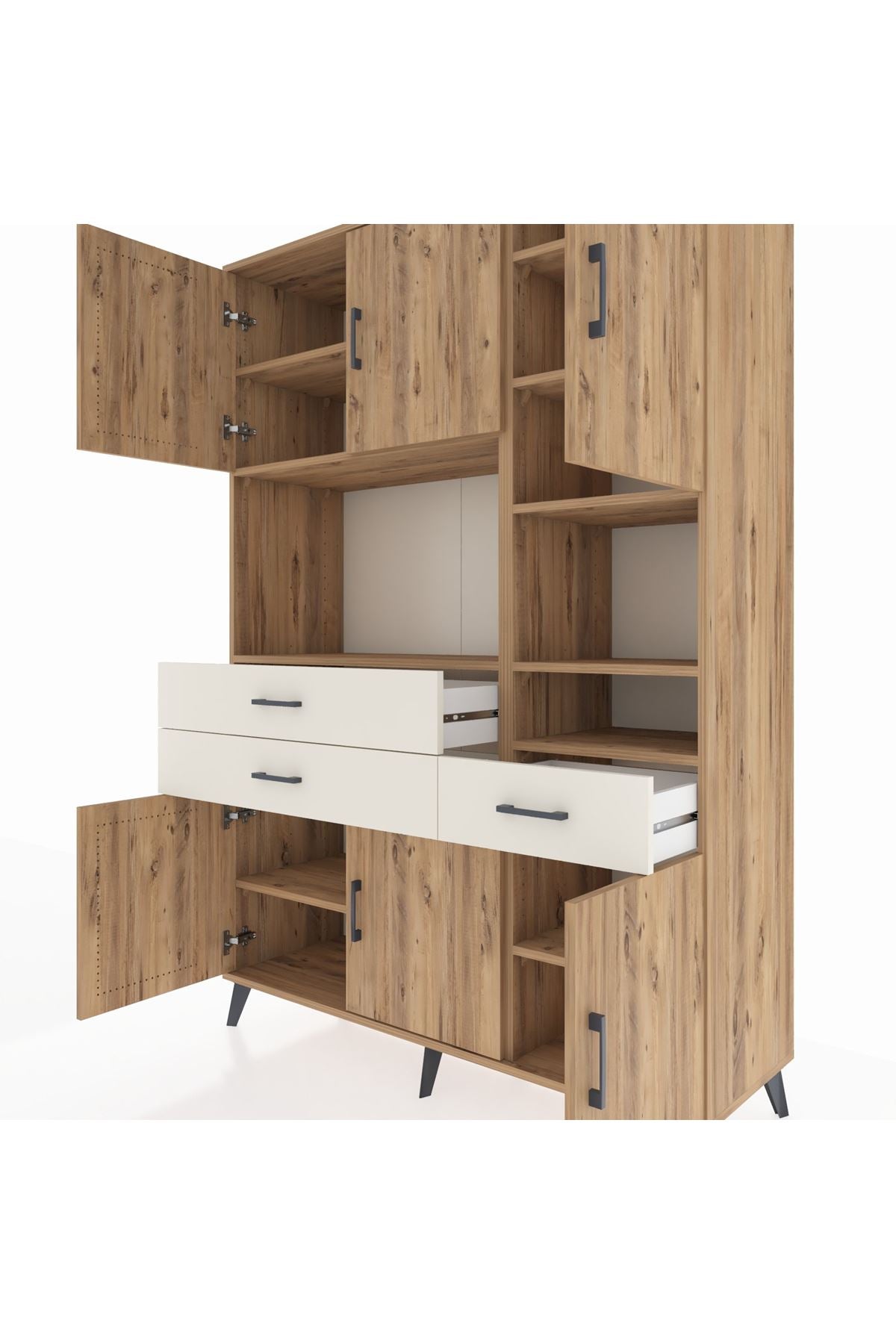 Hyperion Dolap 10 Raflı 3 Çekmeceli 6 Kapaklı 132x44x195 Çam-Çam/Aytaşı