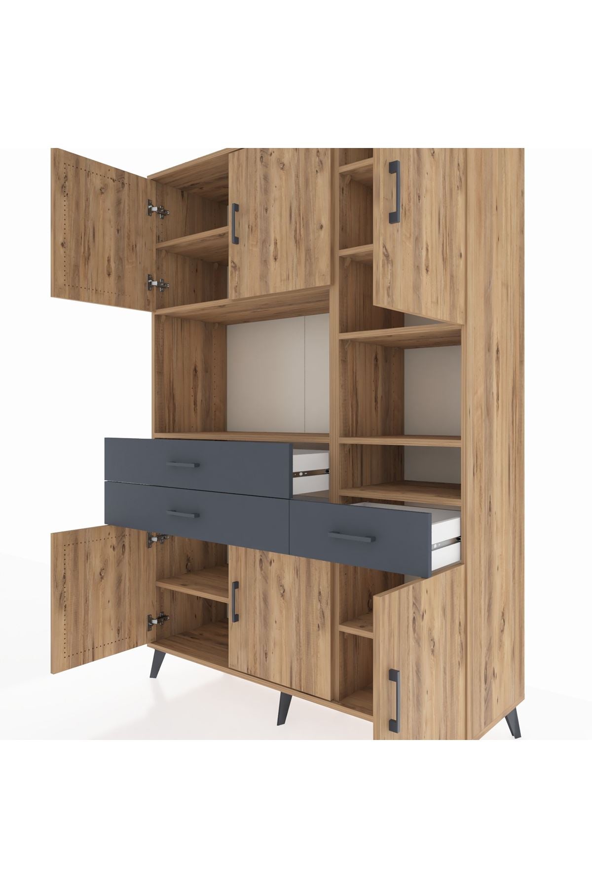 Hyperion Dolap 10 Raflı 3 Çekmeceli 6 Kapaklı 132x44x195 Çam-Çam/Antrasit