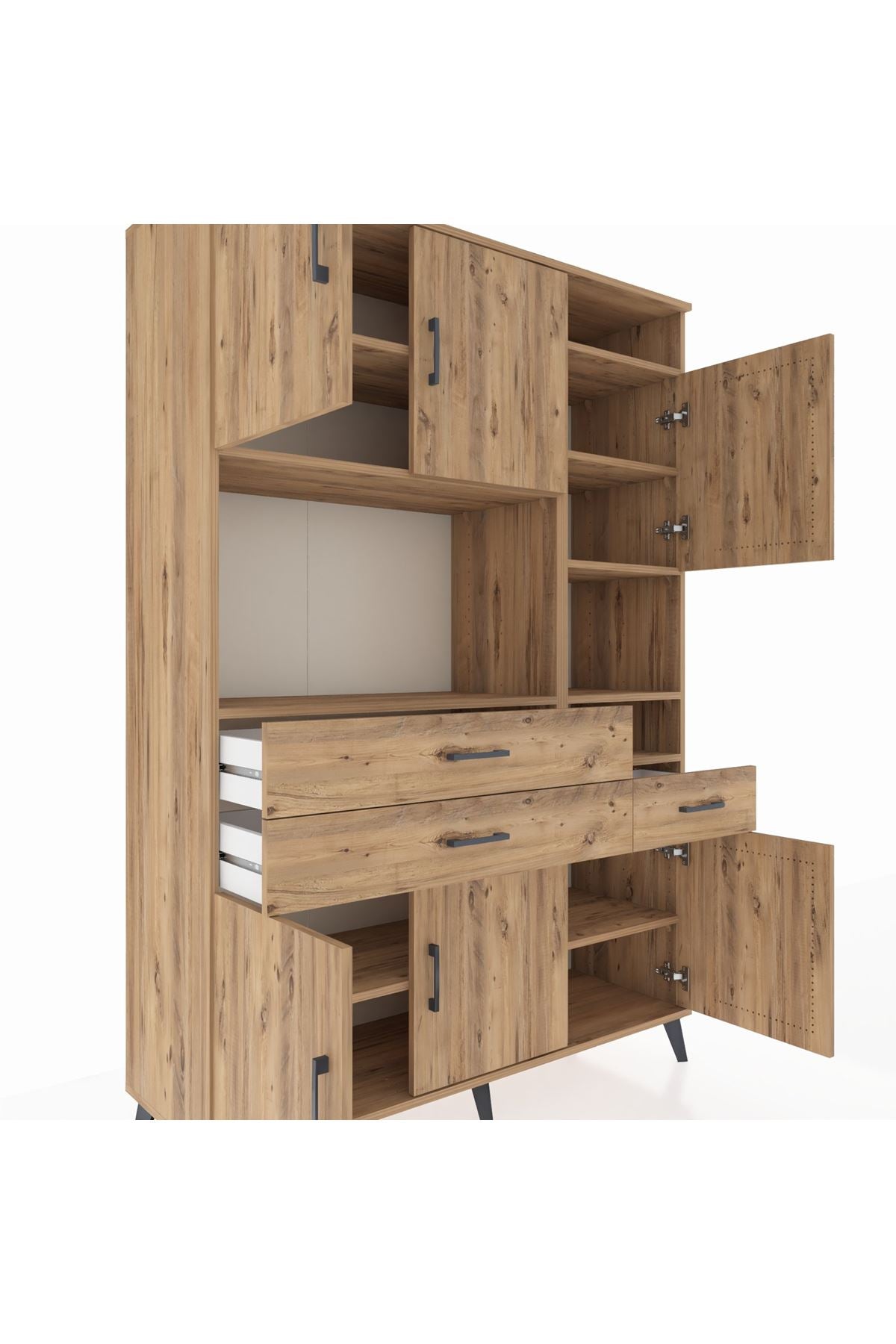 Hyperion Dolap 10 Raflı 3 Çekmeceli 6 Kapaklı 132x44x195 Çam-Çam/Çam