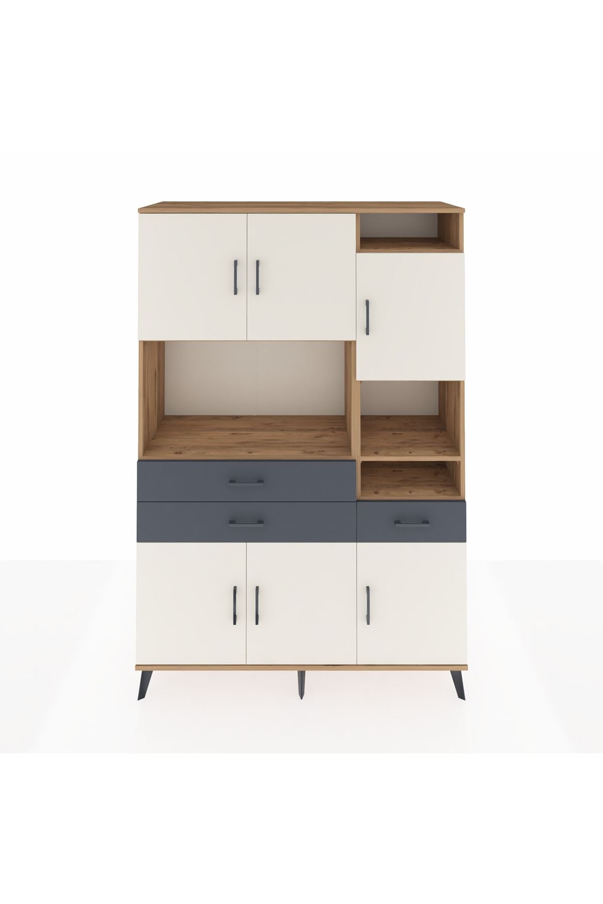 Hyperion Dolap 10 Raflı 3 Çekmeceli 6 Kapaklı 132x44x195 Çam-Aytaşı/Antrasit