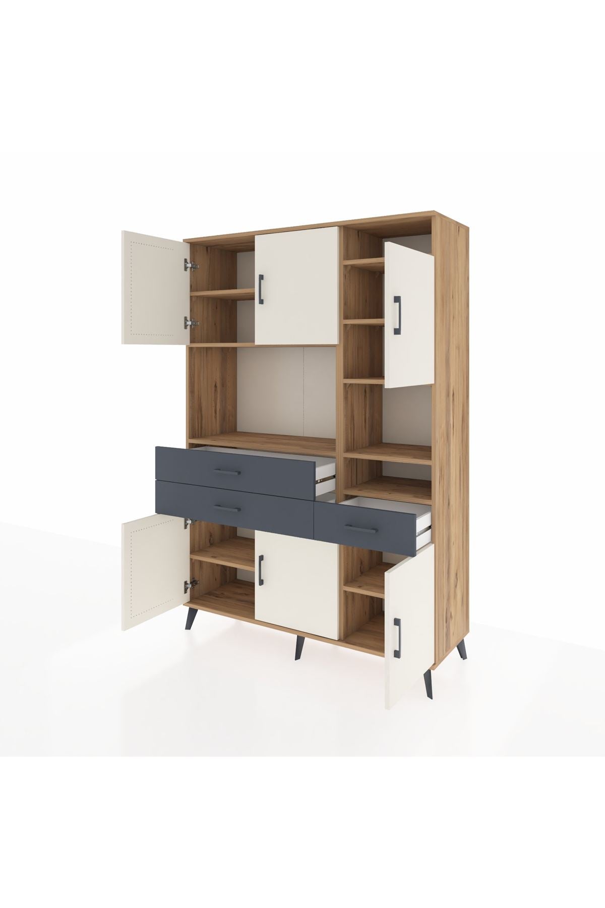 Hyperion Dolap 10 Raflı 3 Çekmeceli 6 Kapaklı 132x44x195 Çam-Aytaşı/Antrasit