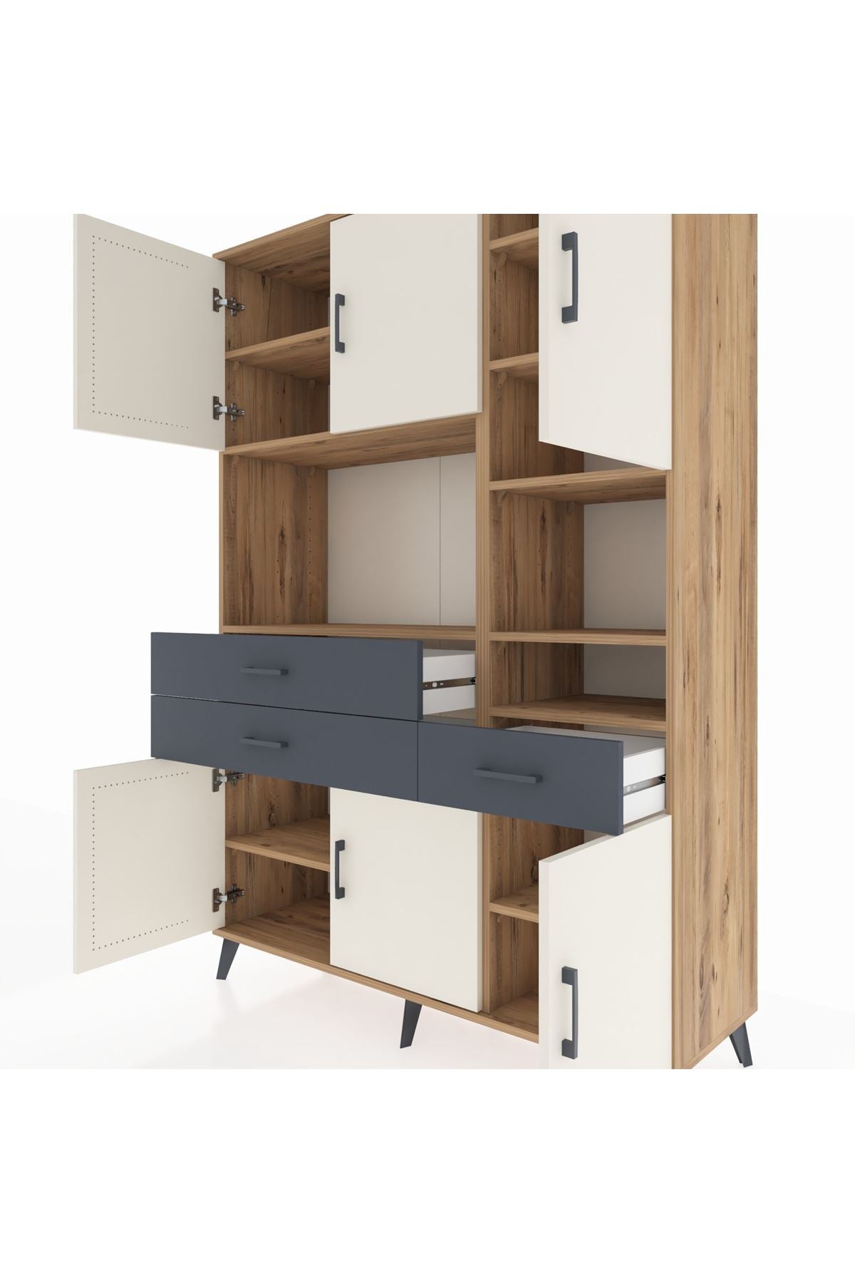 Hyperion Dolap 10 Raflı 3 Çekmeceli 6 Kapaklı 132x44x195 Çam-Aytaşı/Antrasit