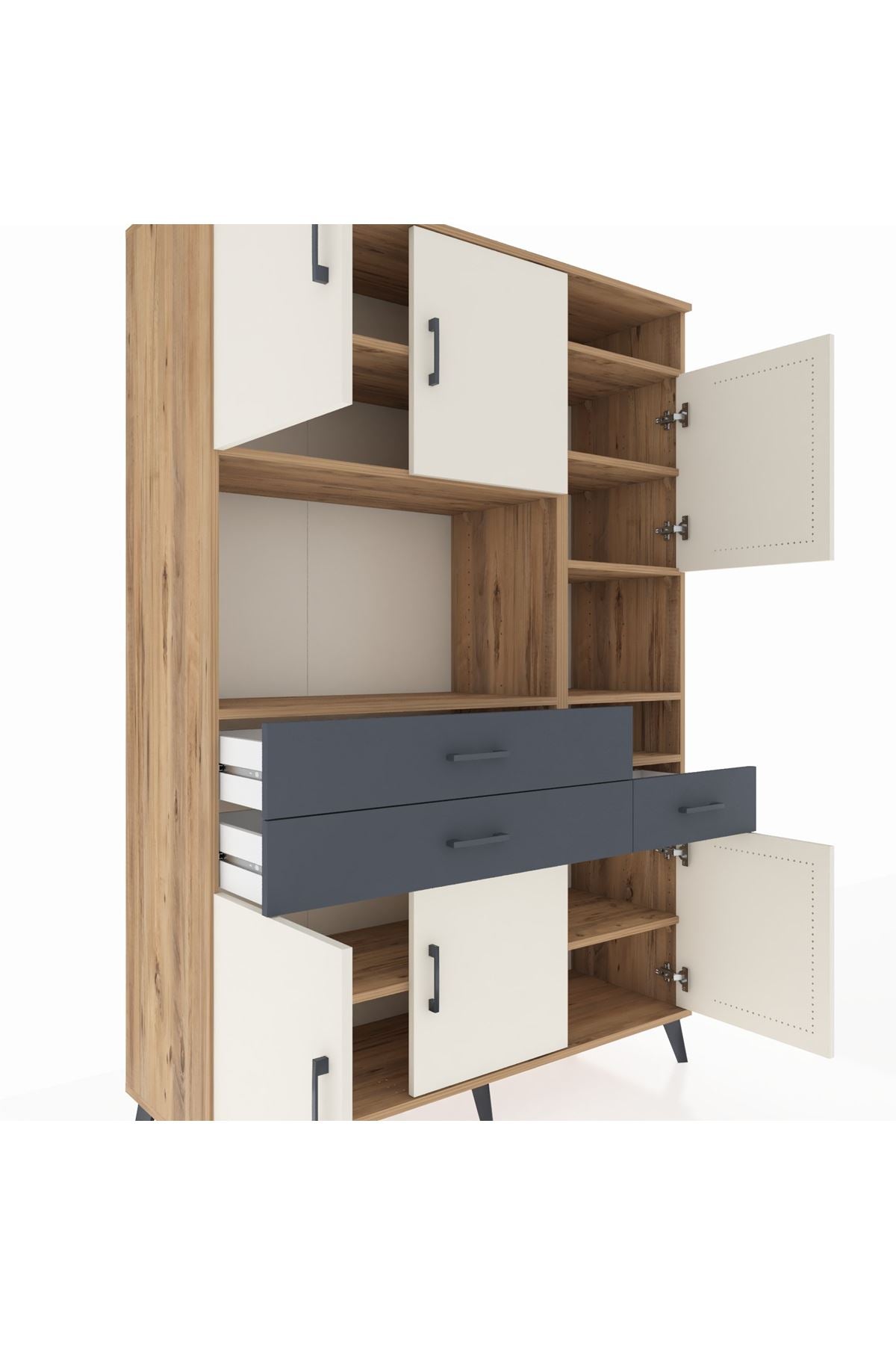 Hyperion Dolap 10 Raflı 3 Çekmeceli 6 Kapaklı 132x44x195 Çam-Aytaşı/Antrasit