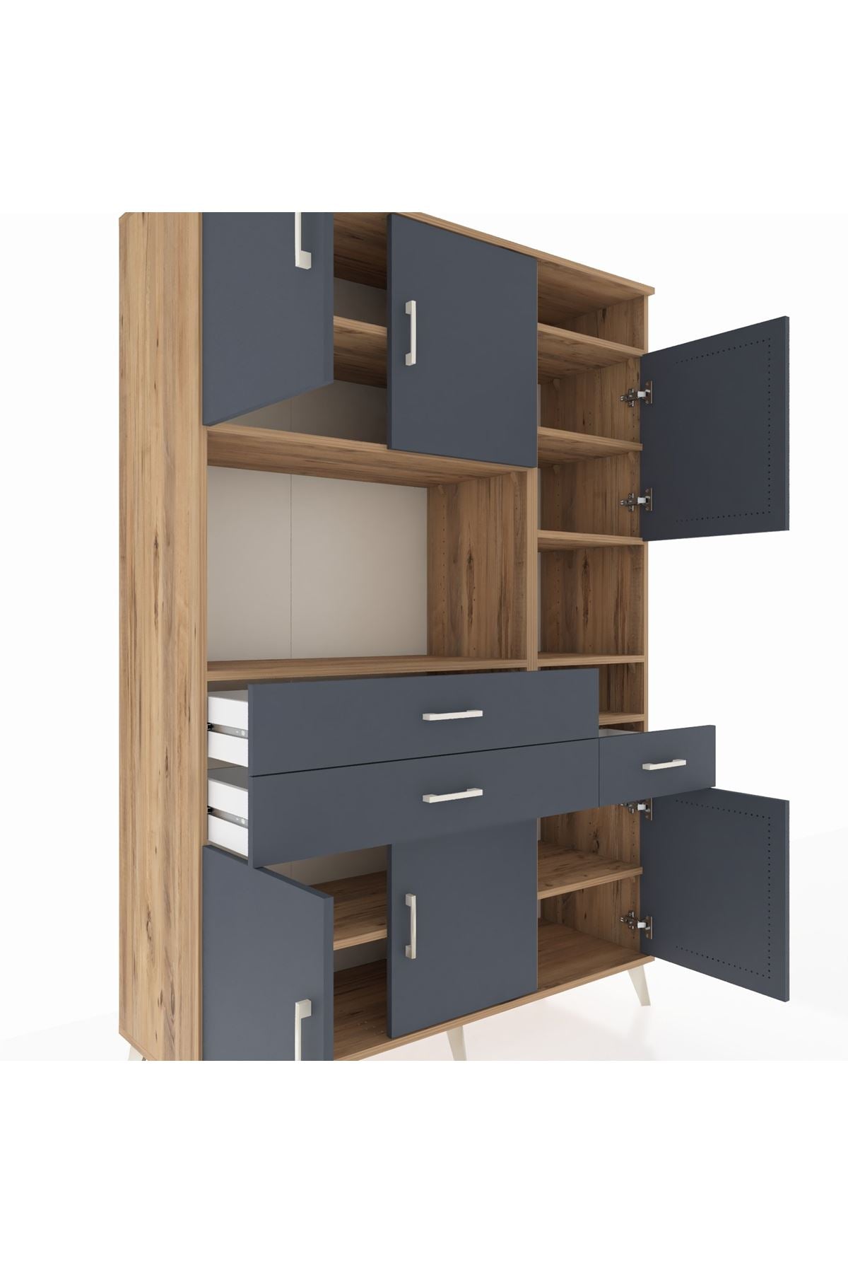 Hyperion Dolap 10 Raflı 3 Çekmeceli 6 Kapaklı 132x44x195 Çam-Antrasit/Antrasit