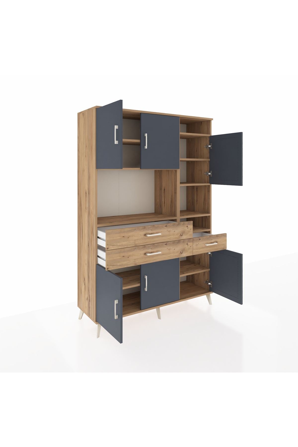 Hyperion Dolap 10 Raflı 3 Çekmeceli 6 Kapaklı 132x44x195 Çam-Antrasit/Çam