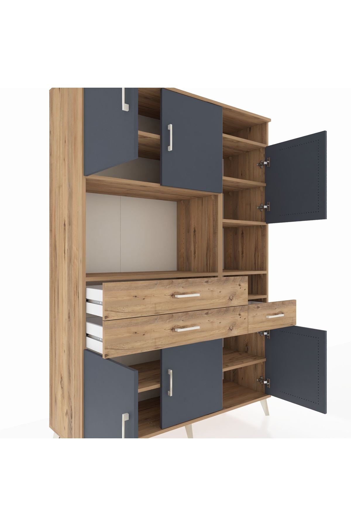 Hyperion Dolap 10 Raflı 3 Çekmeceli 6 Kapaklı 132x44x195 Çam-Antrasit/Çam