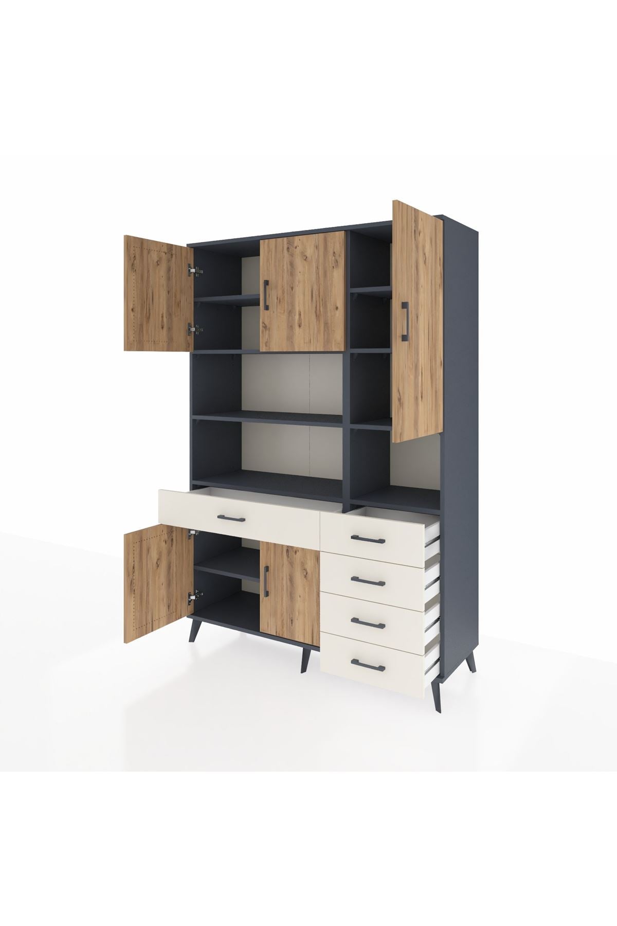 Hyperion Dolap 9 Raflı 5 Çekmeceli 5 Kapaklı 132x44x195 Antrasit-Çam/Aytaşı