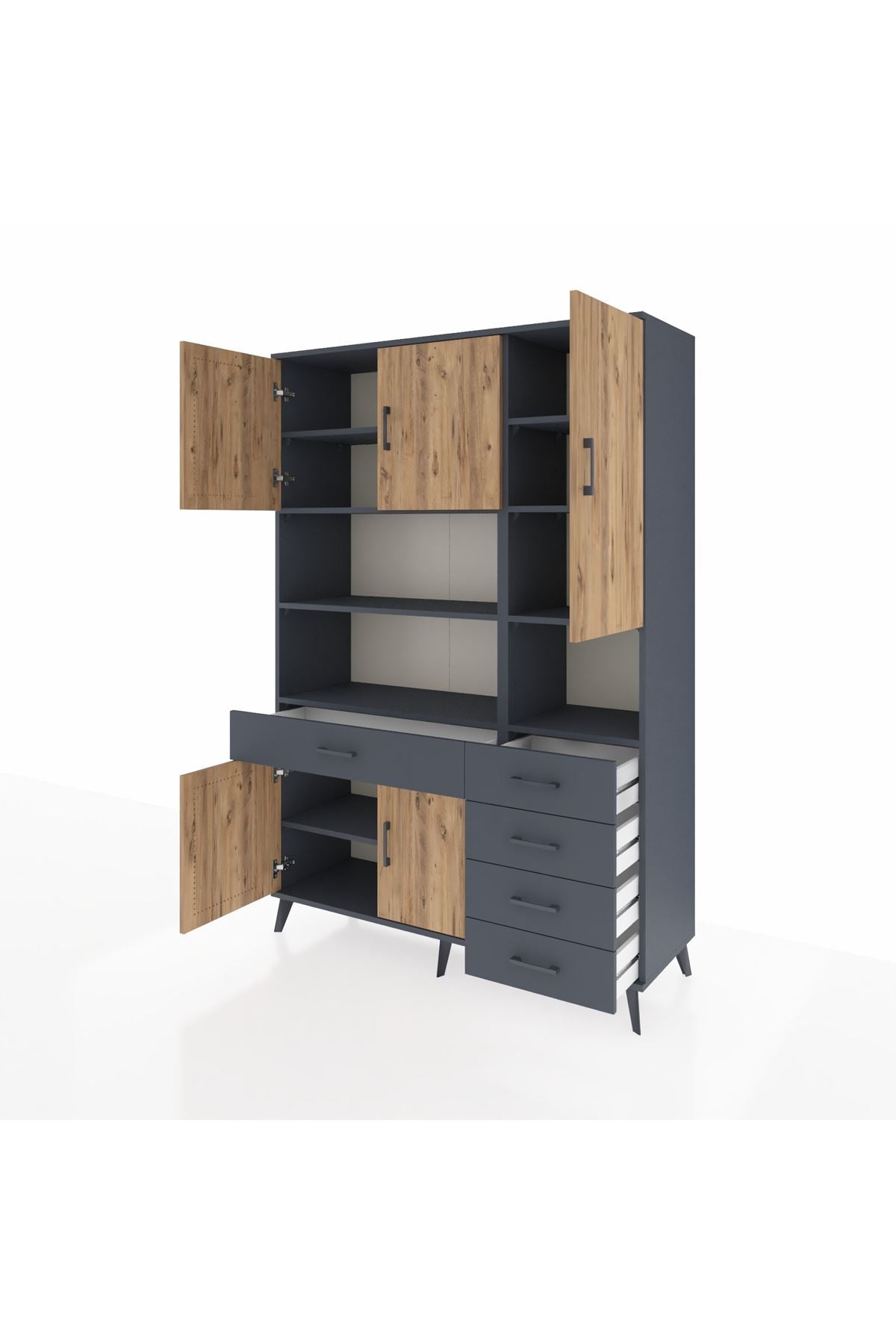 Hyperion Dolap 9 Raflı 5 Çekmeceli 5 Kapaklı 132x44x195 Antrasit-Çam/Antrasit