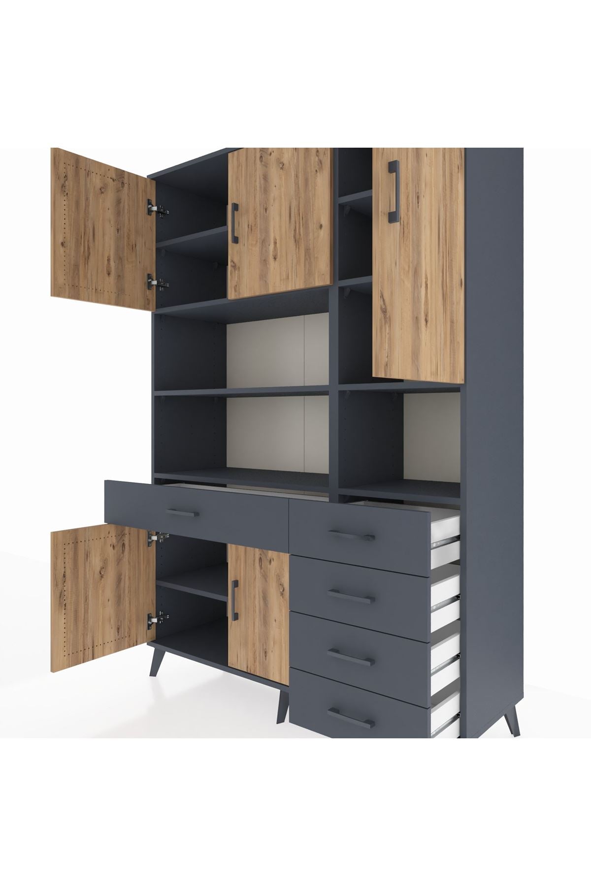 Hyperion Dolap 9 Raflı 5 Çekmeceli 5 Kapaklı 132x44x195 Antrasit-Çam/Antrasit