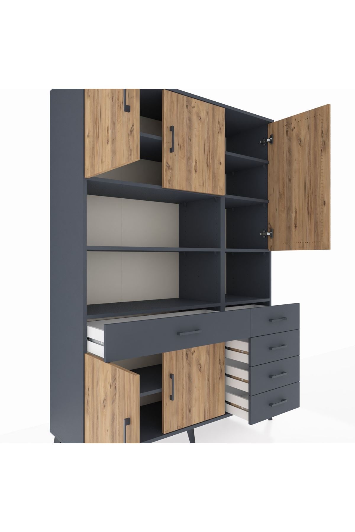 Hyperion Dolap 9 Raflı 5 Çekmeceli 5 Kapaklı 132x44x195 Antrasit-Çam/Antrasit