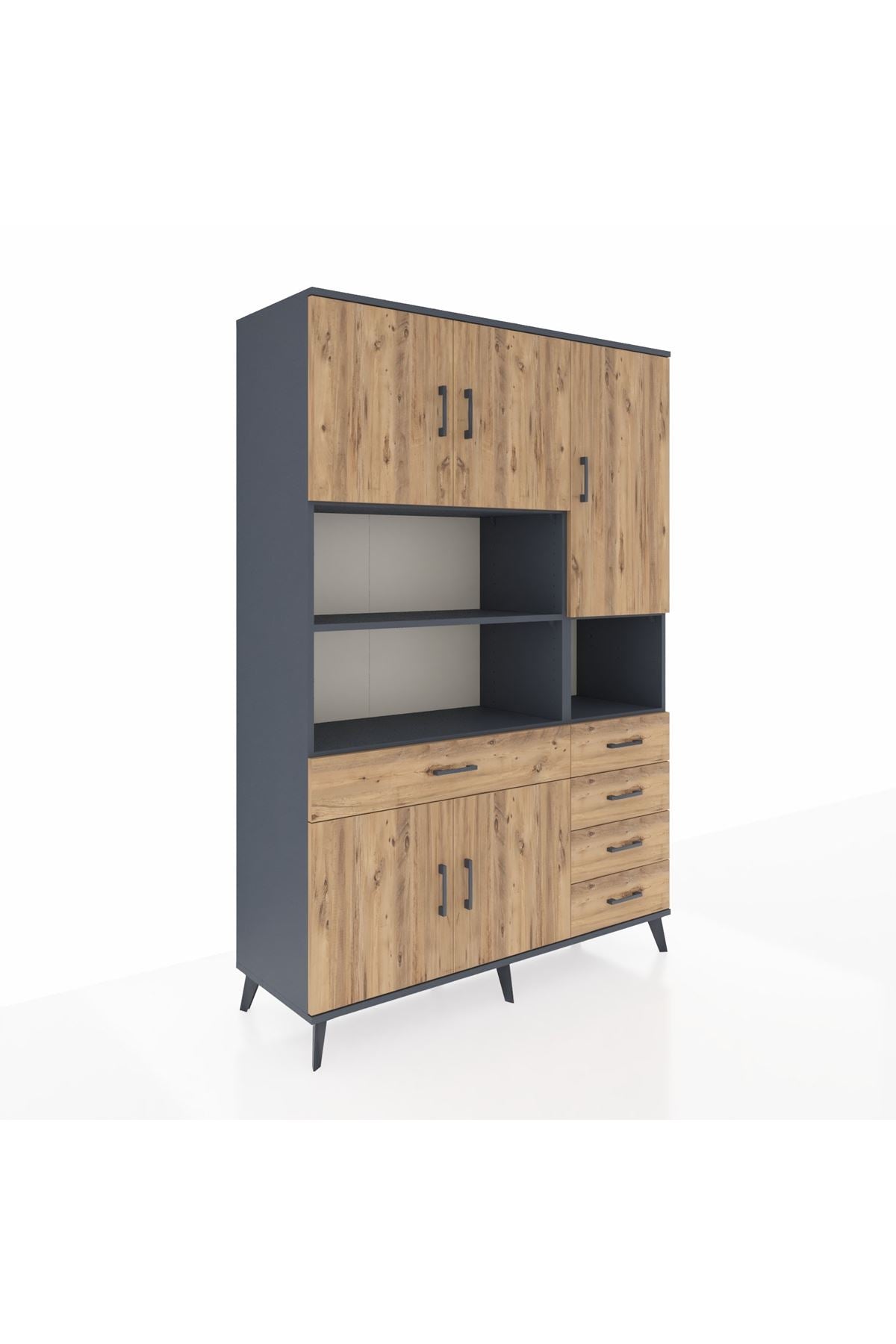 Hyperion Dolap 9 Raflı 5 Çekmeceli 5 Kapaklı 132x44x195 Antrasit-Çam/Çam