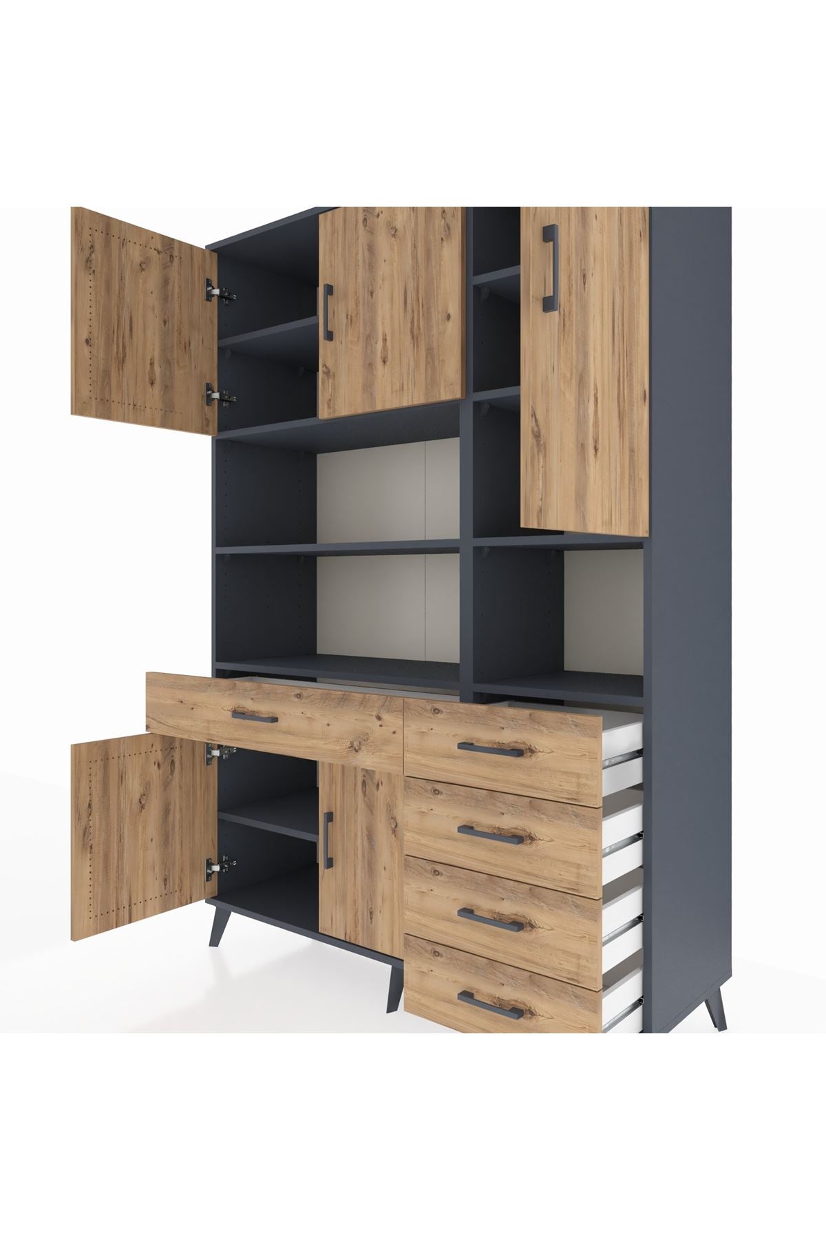 Hyperion Dolap 9 Raflı 5 Çekmeceli 5 Kapaklı 132x44x195 Antrasit-Çam/Çam