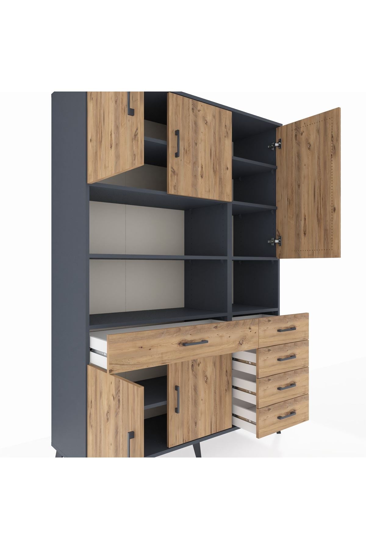 Hyperion Dolap 9 Raflı 5 Çekmeceli 5 Kapaklı 132x44x195 Antrasit-Çam/Çam