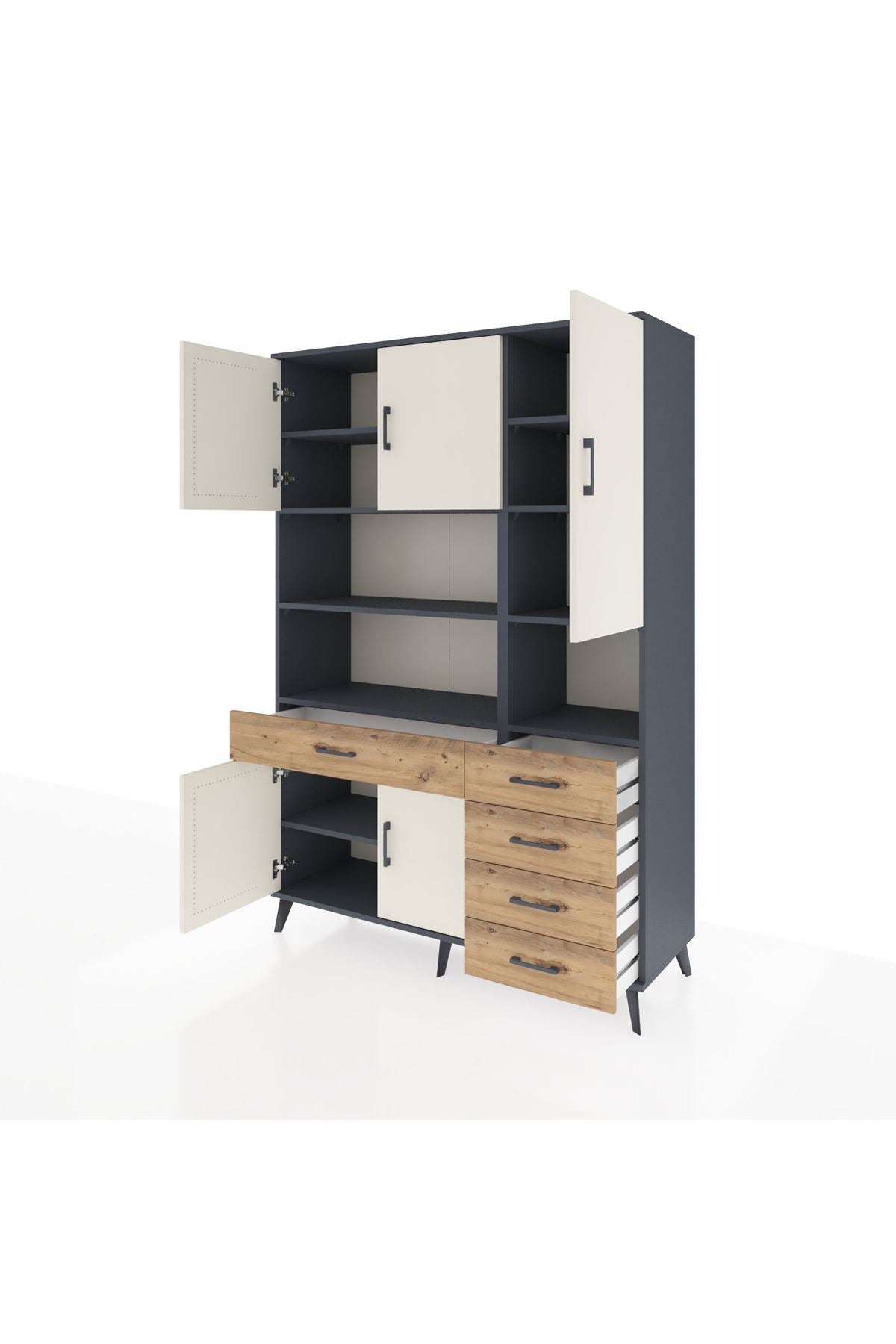 Hyperion Dolap 9 Raflı 5 Çekmeceli 5 Kapaklı 132x44x195 Antrasit-Aytaşı/Çam