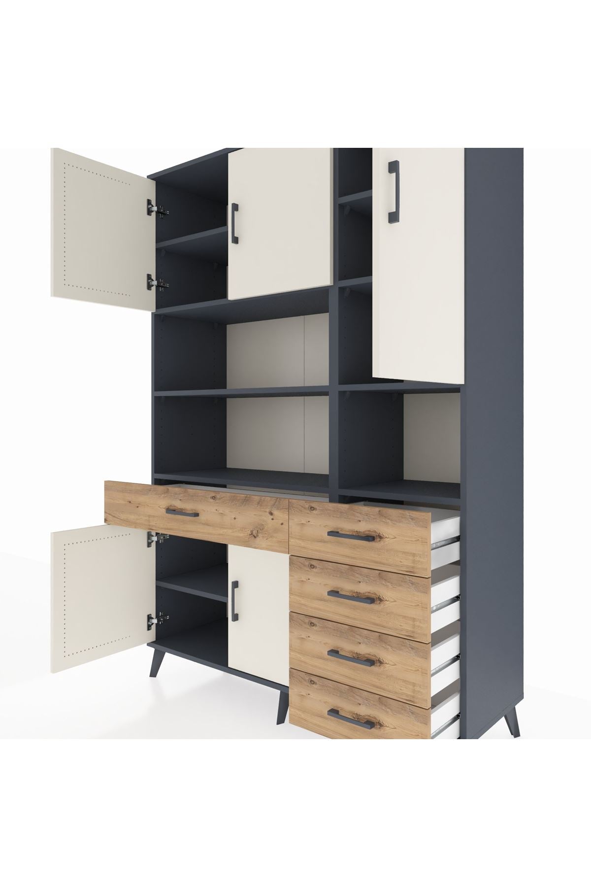 Hyperion Dolap 9 Raflı 5 Çekmeceli 5 Kapaklı 132x44x195 Antrasit-Aytaşı/Çam