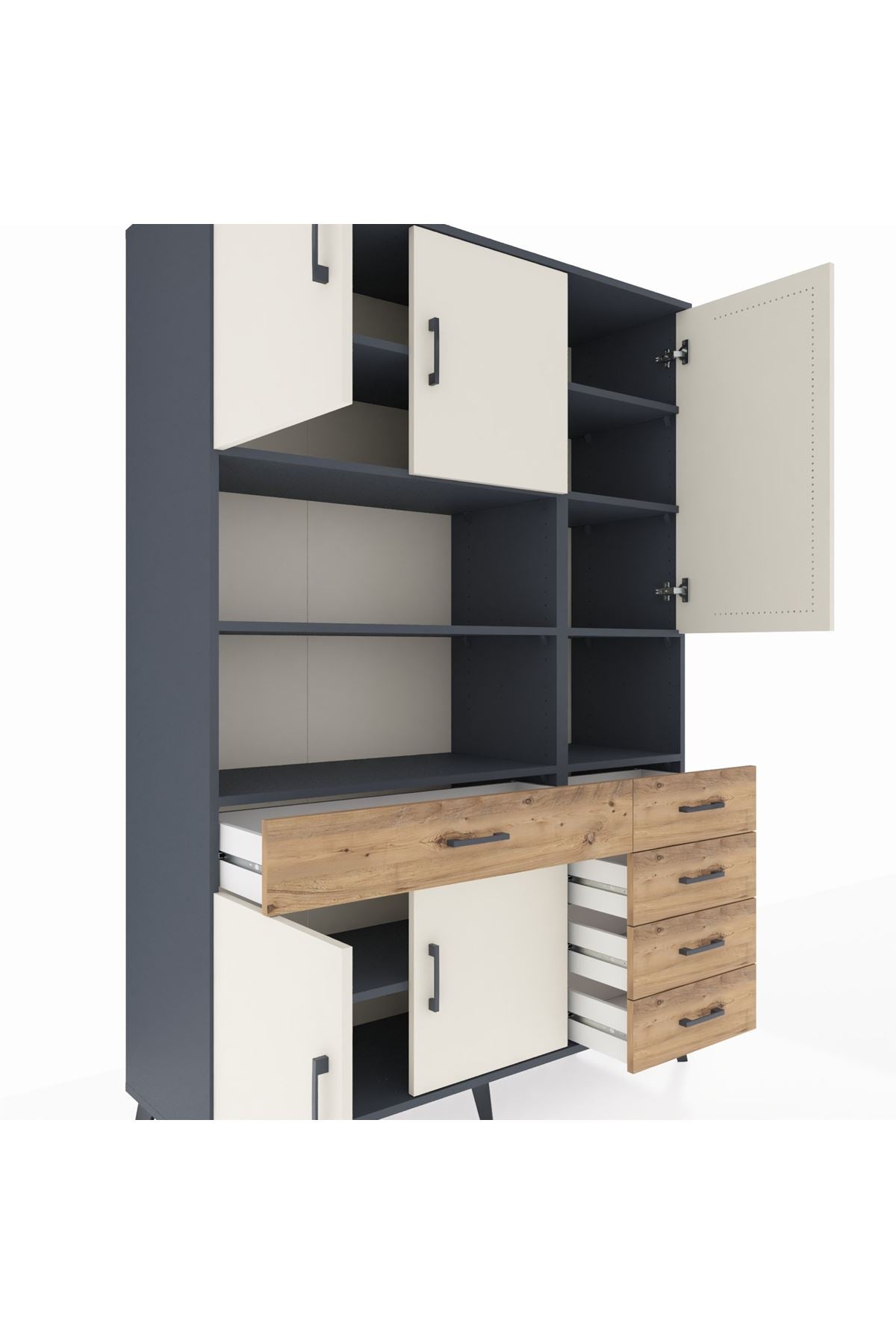 Hyperion Dolap 9 Raflı 5 Çekmeceli 5 Kapaklı 132x44x195 Antrasit-Aytaşı/Çam