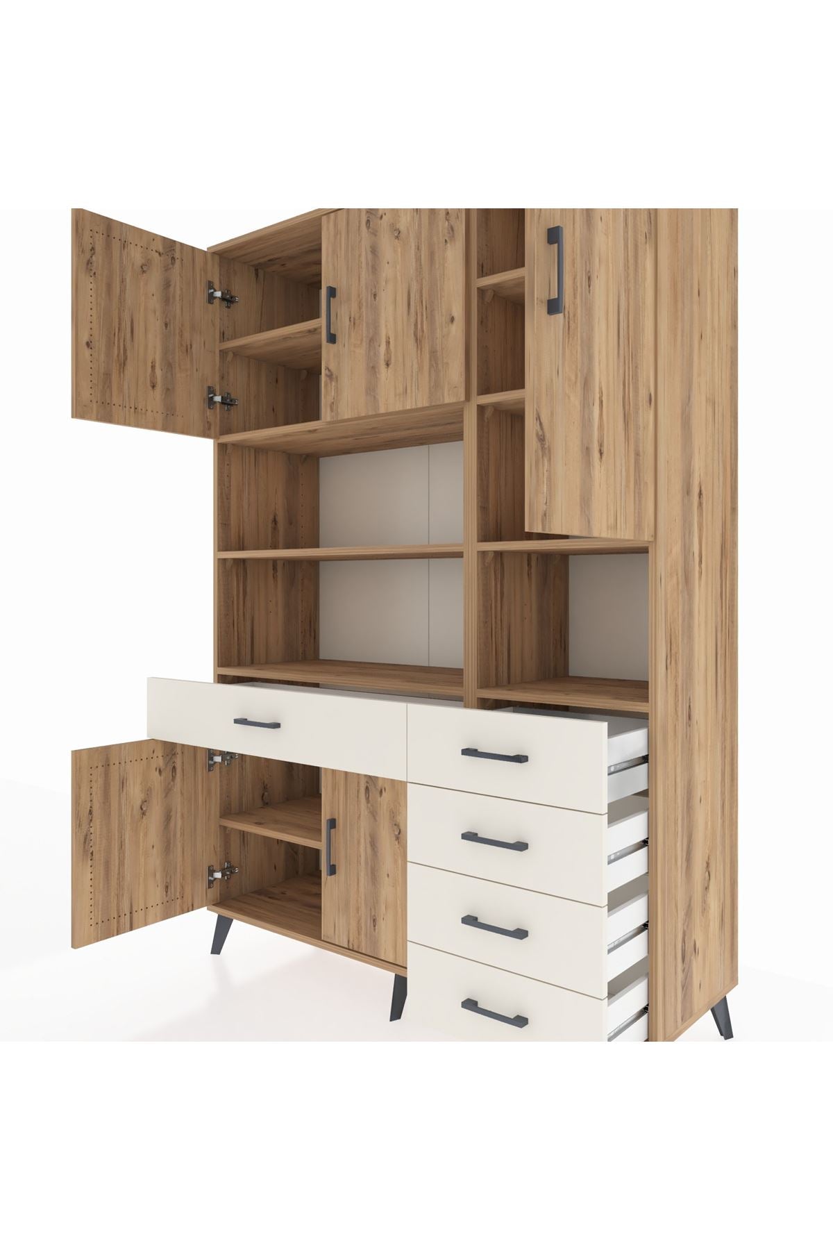 Hyperion Dolap 9 Raflı 5 Çekmeceli 5 Kapaklı 132x44x195 Çam-Çam/Aytaşı